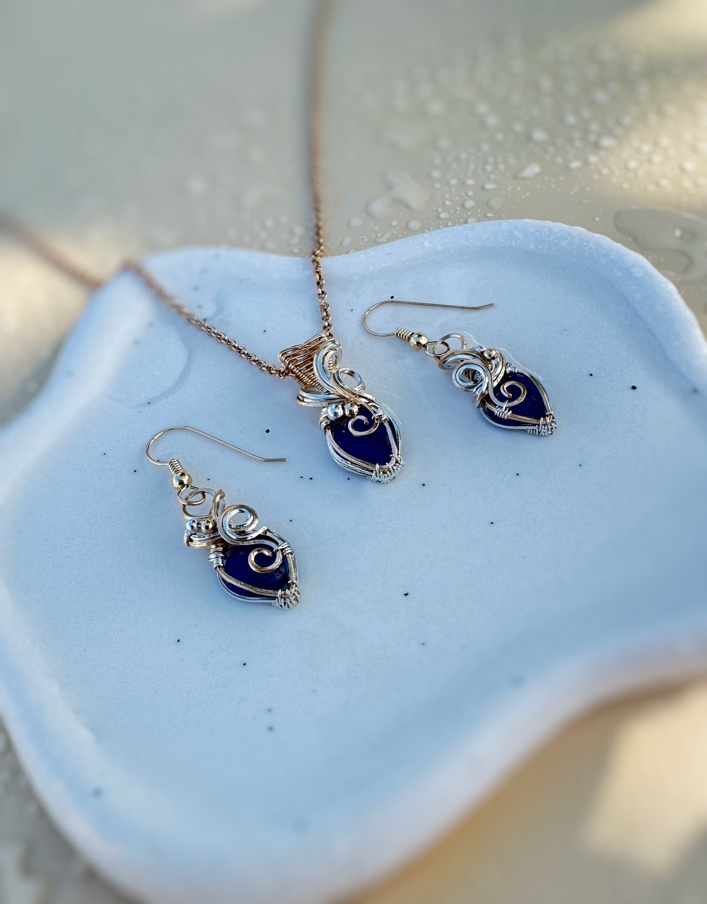 Thailand Blue Sapphire Set in 0.925 Sterling Silver & 14k Gold Filled (Necklace & Earrings)
