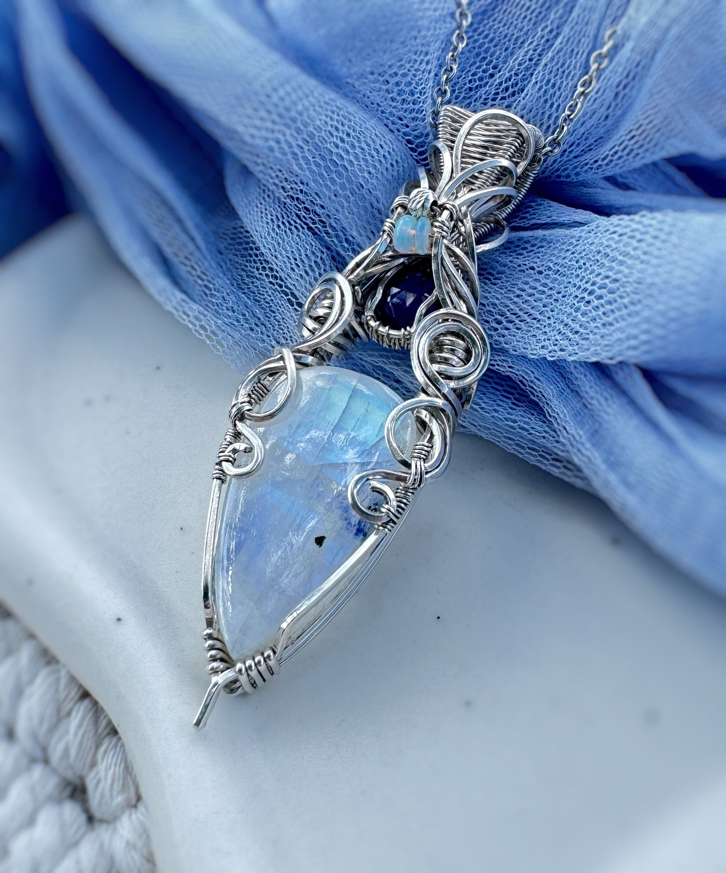 Rainbow Moonstone, Thai Blue Sapphire & Opal Necklace in 0.925 Sterling Silver