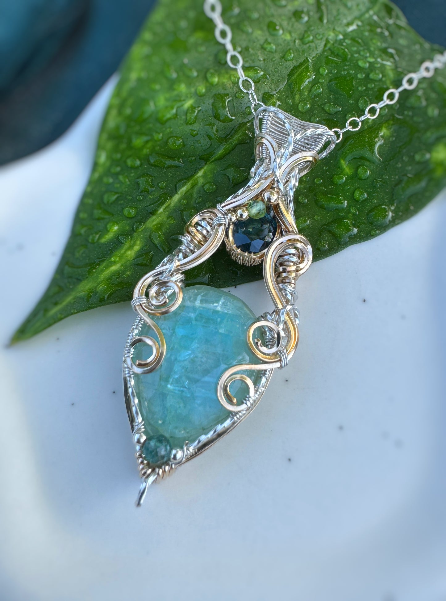 Milky Aquamarine, Teal Kyanite, Peridot & Aqua Apatite Necklace in Argentium Silver & 14k Gold Filled