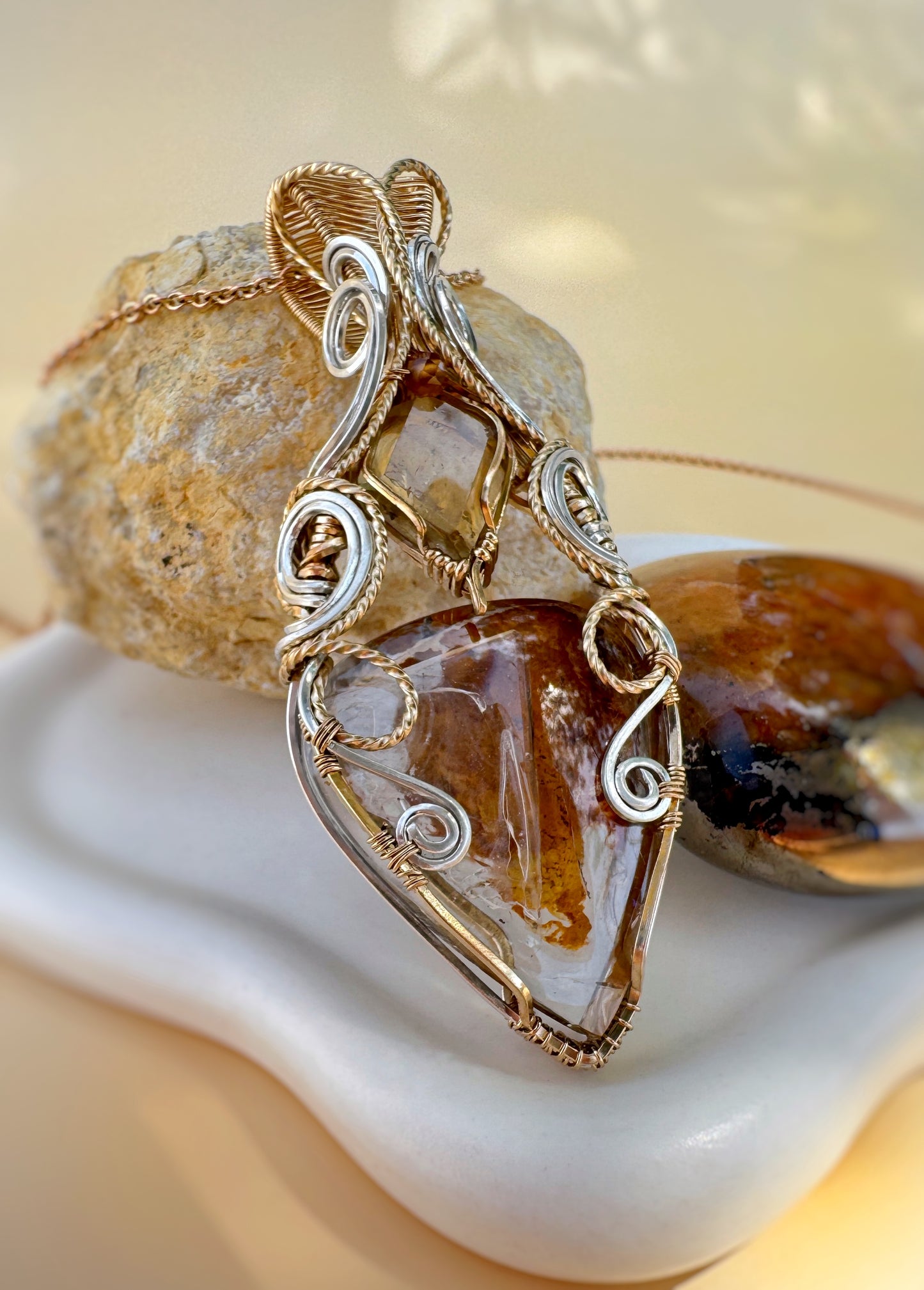 Rare Manifesting Quartz with Iron Oxide Inclusions, Natural Citrine & Hessonite Garnet in 0.925 Sterling Silver & 14k Gold Filled