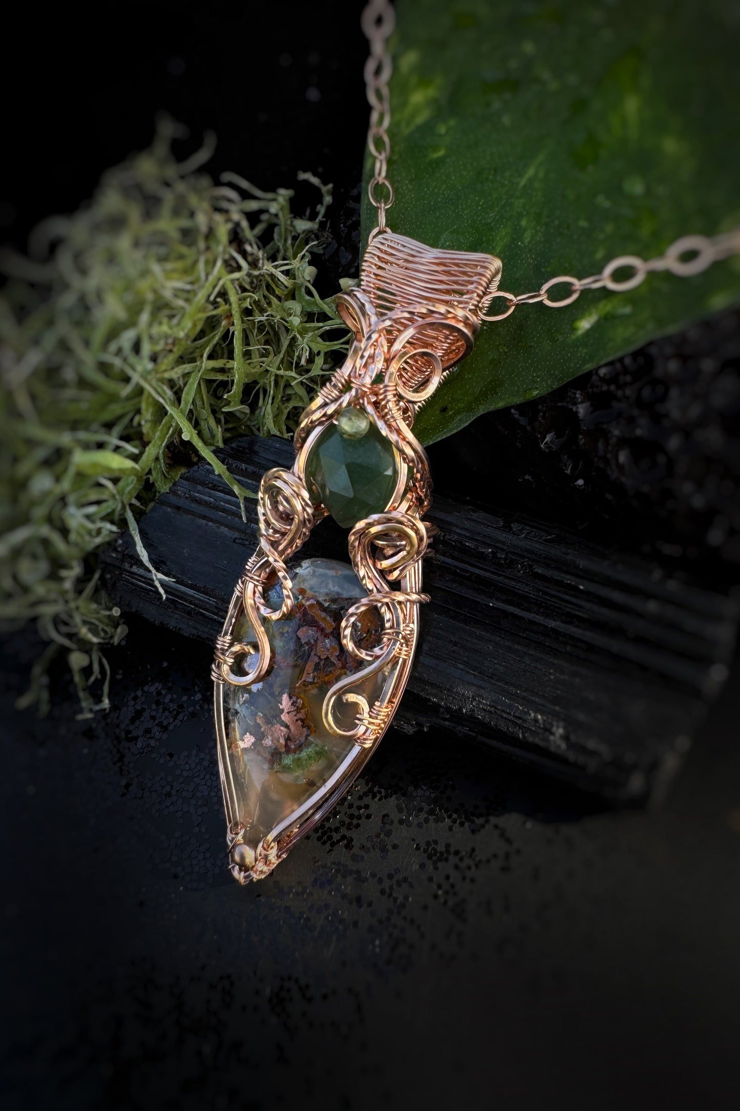 Chrysocolla with Native Copper, Serpentine & Green Apatite Necklace in 14k Rose Gold Filled