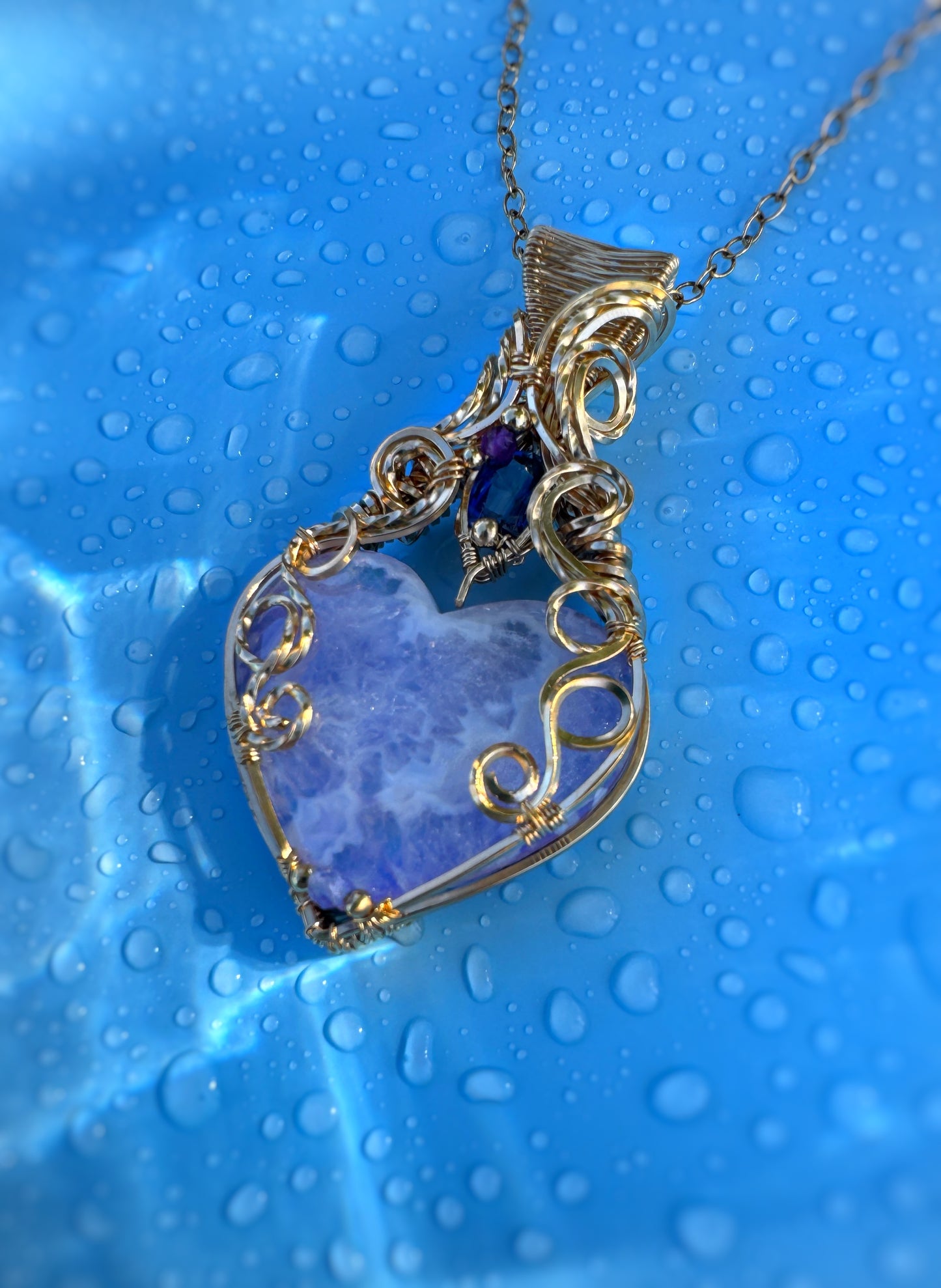 Sky Agate (doublet), Blue Kyanite, Tanzanite, Amethyst Necklace in 14k Gold Filled