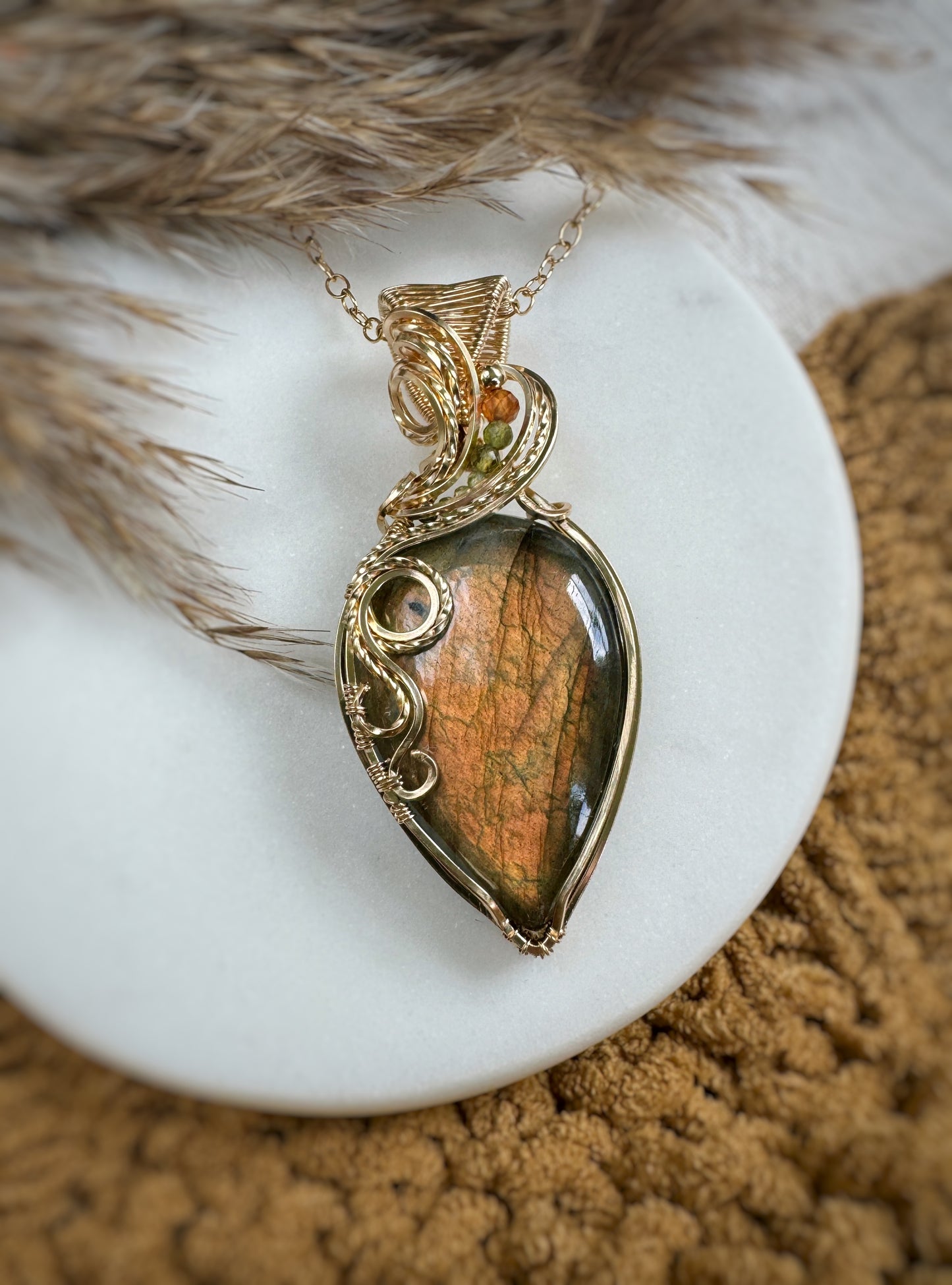 Autumn Labradorite, Peridot & Hessonite Garnet Necklace in 14k Gold Filled