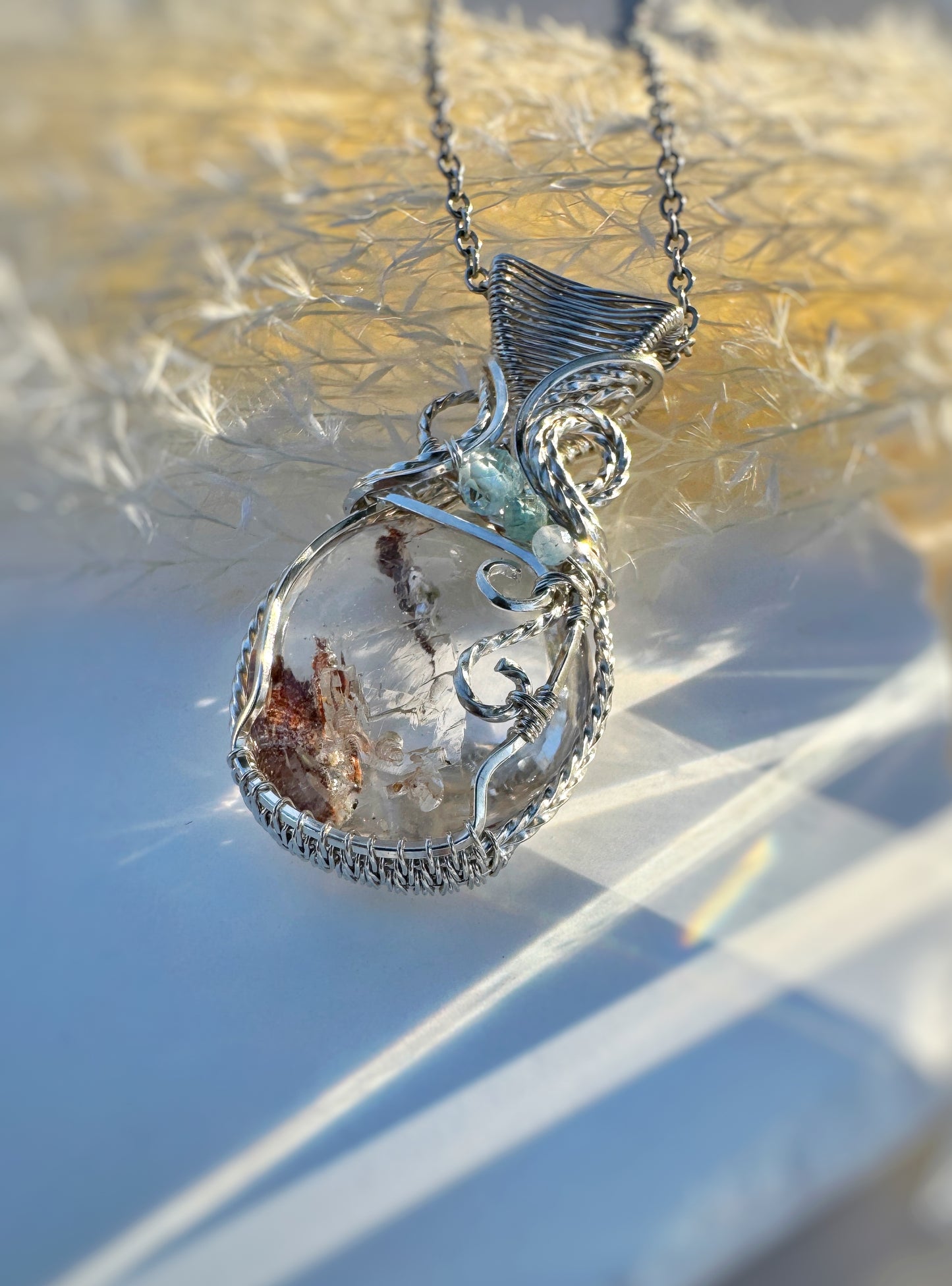 Rare Enhydro Quartz, Aquamarine, Aqua Kyanite Argentium Silver Necklace