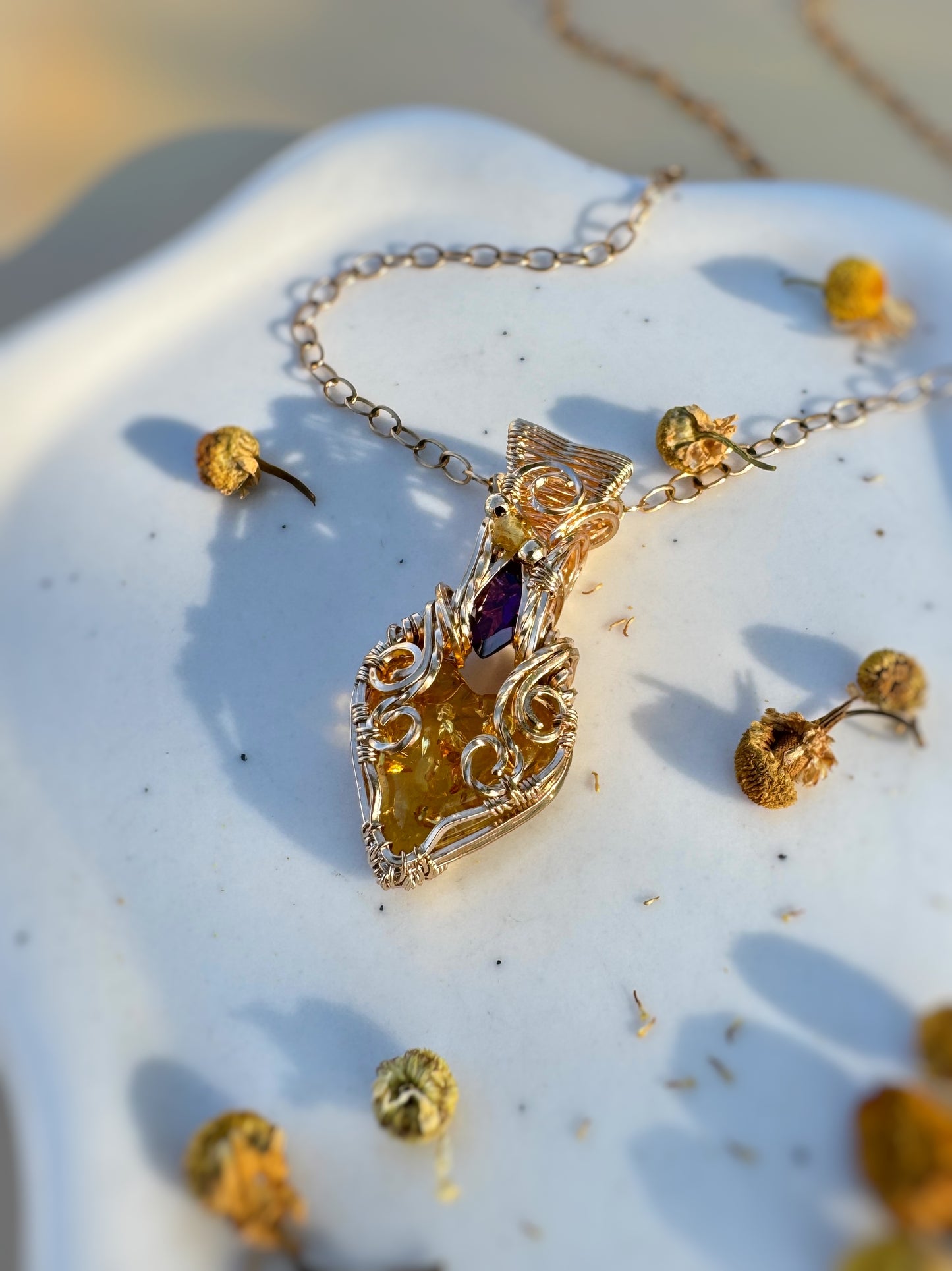 Amber, Rhodolite Garnet & Tourmaline Necklace in 14k Gold Filled