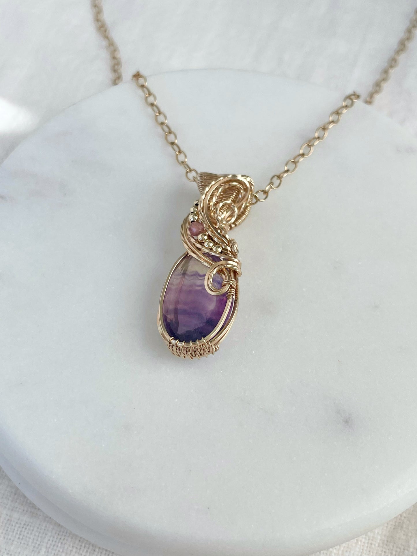 Purple Fluorite & Pink Tourmaline Necklace in 14k Gold Filled