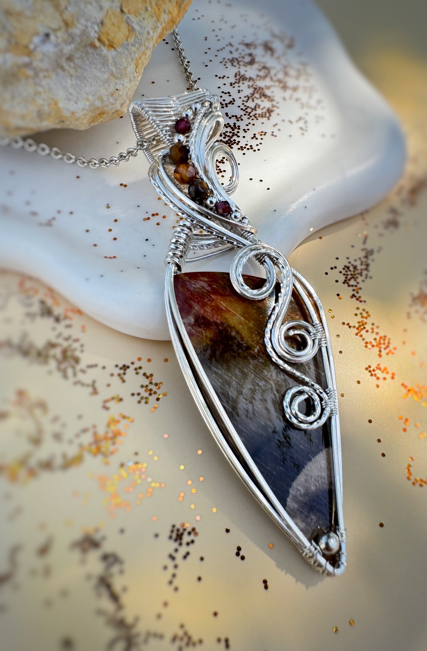 High Grade Petrified Wood, Tiger's Eye, Hessonite Garnet & Red Garnet Necklace in 0.925 Sterling Silver