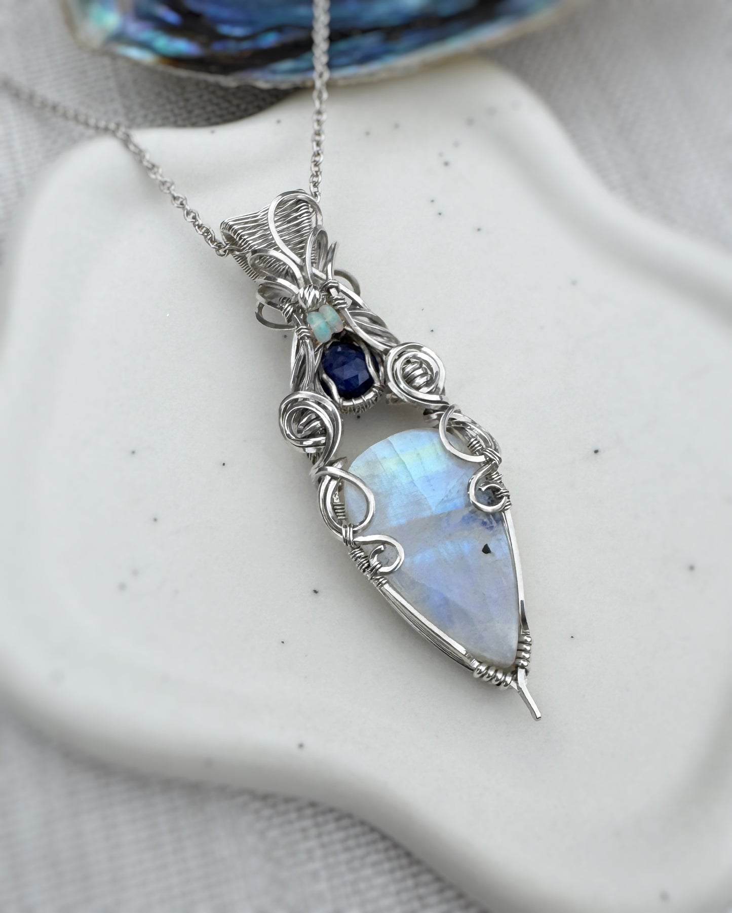 Rainbow Moonstone, Thai Blue Sapphire & Opal Necklace in 0.925 Sterling Silver