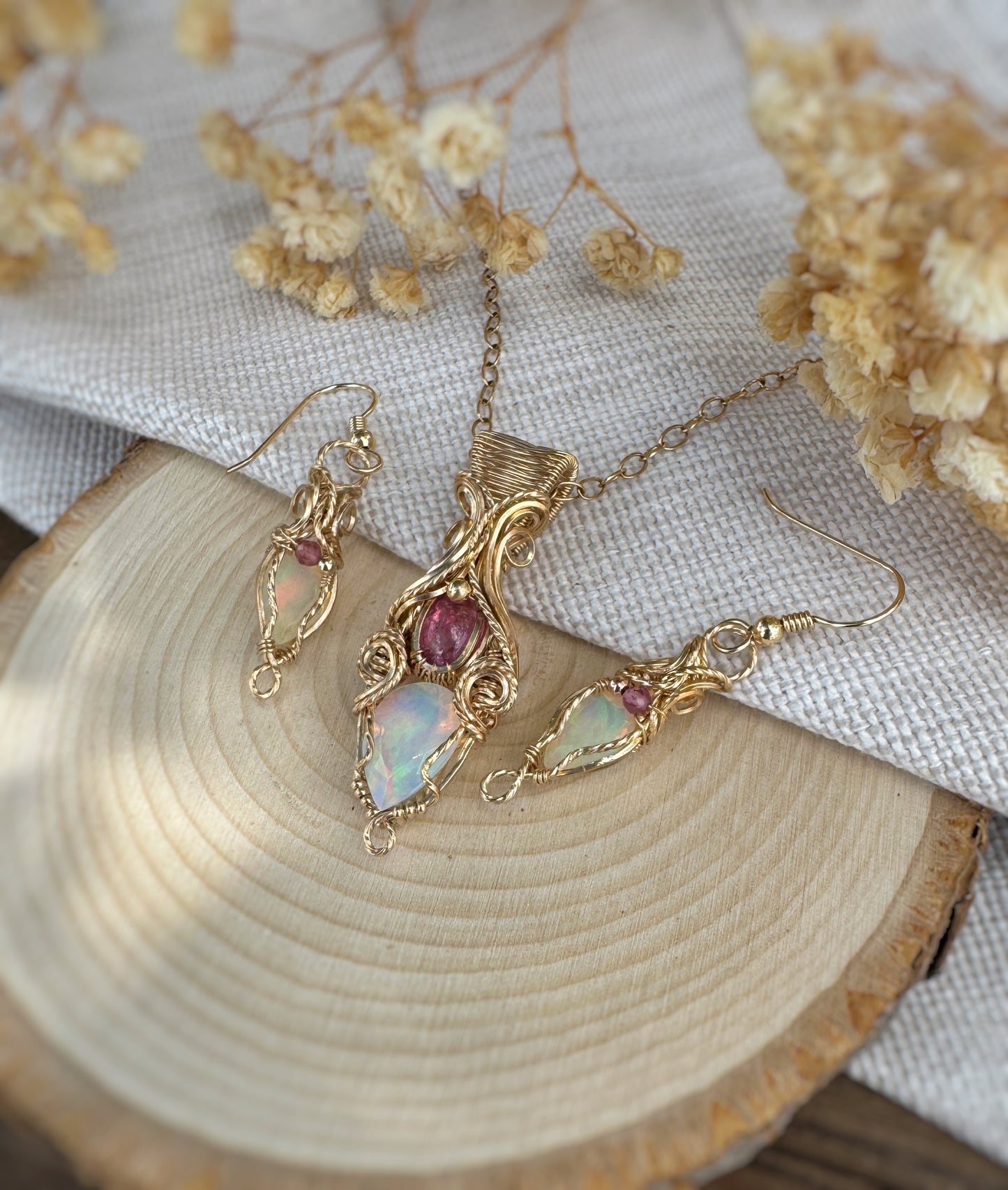 2.35 Ct Opal & Pink Tourmaline set (Earrings & Pendant) in 14k Gold Filled