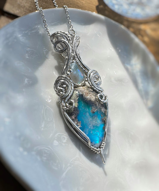 Moss Agate (Doublet), Opal & Aquamarine Necklace in 0.925 Sterling Silver