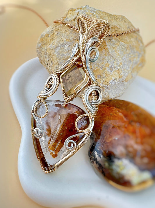 Rare Manifesting Quartz with Iron Oxide Inclusions, Natural Citrine & Hessonite Garnet in 0.925 Sterling Silver & 14k Gold Filled