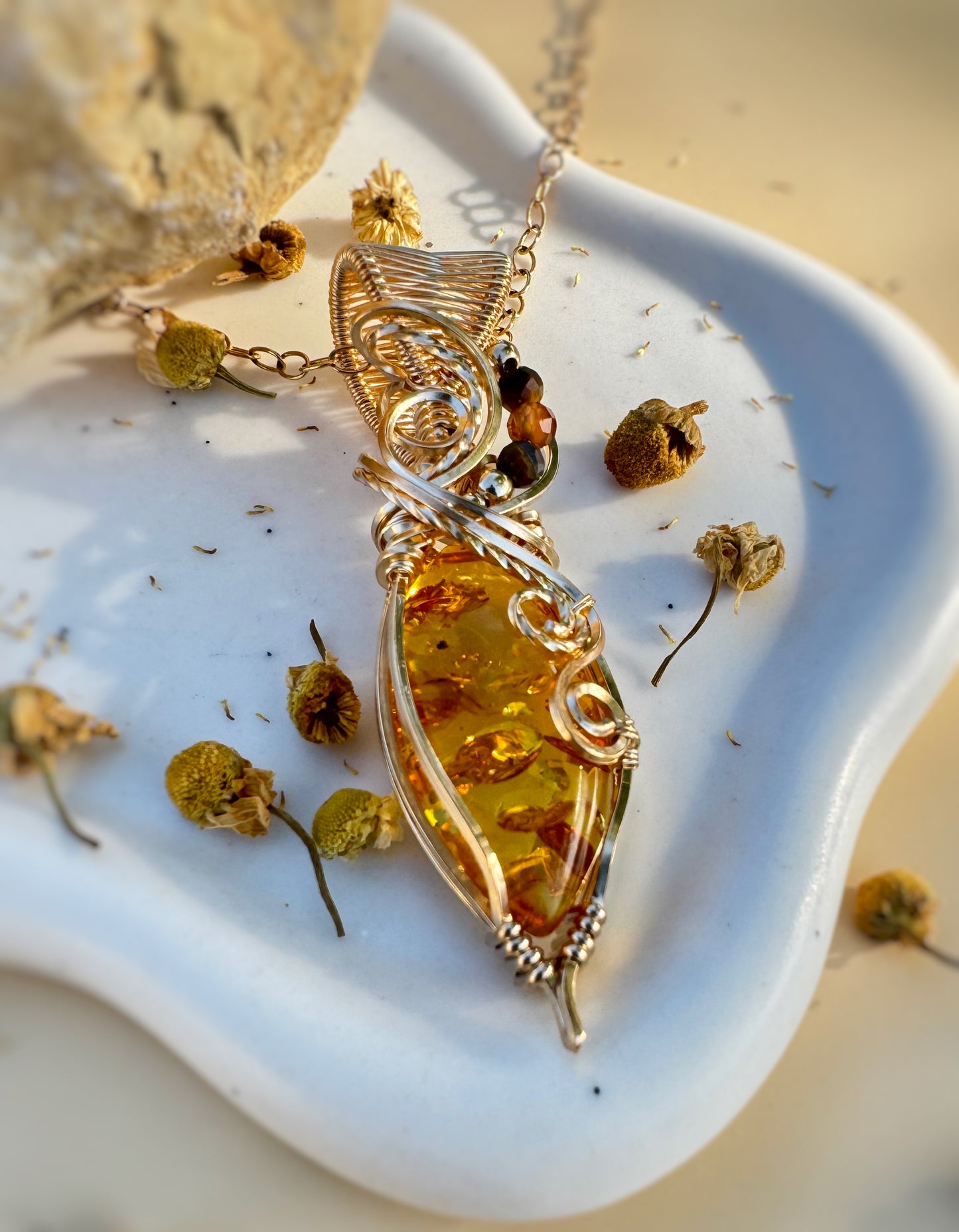 Amber, Hessonite Garnet & Tiger's Eye Necklace in 14k Gold Filled