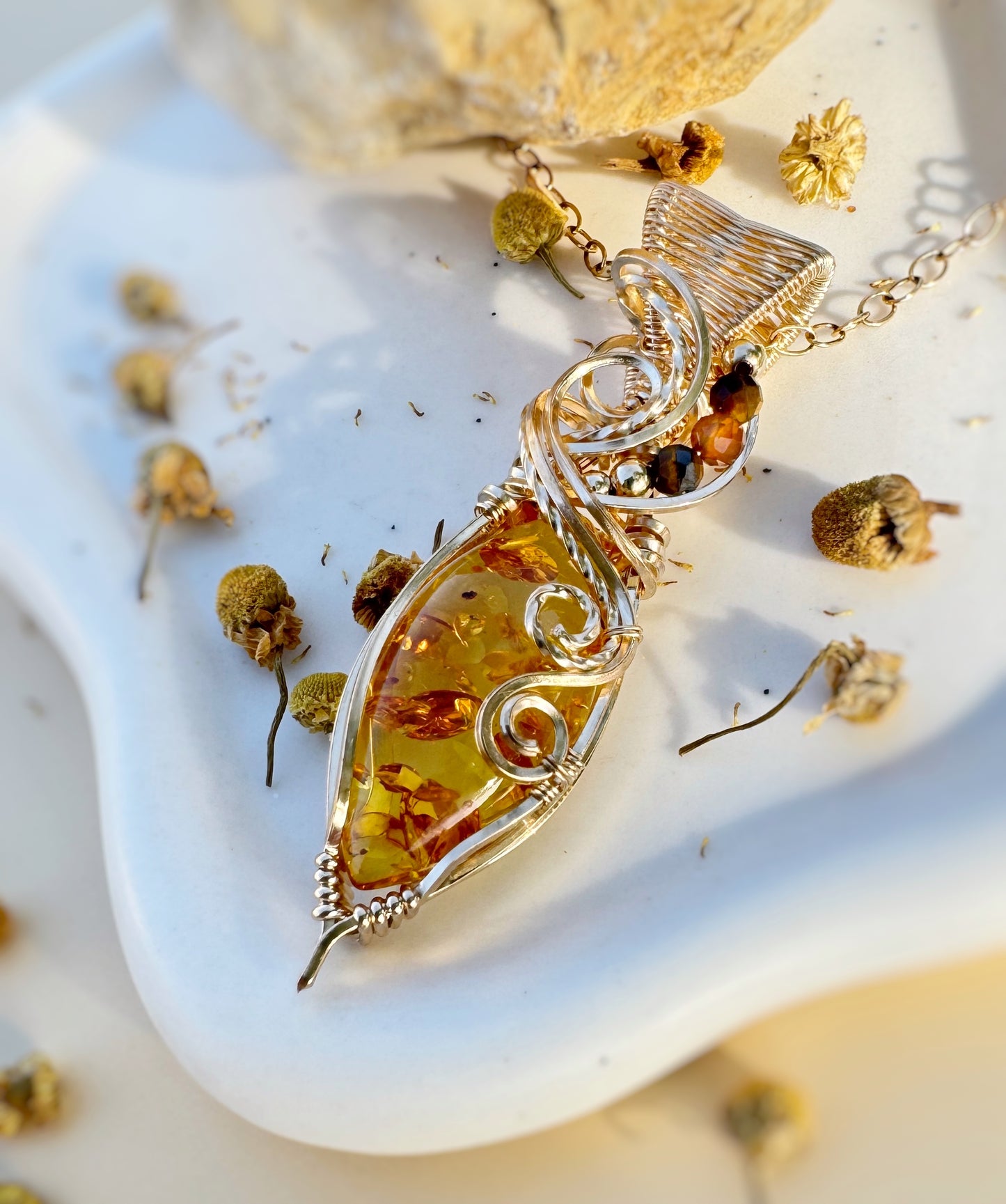 Amber, Hessonite Garnet & Tiger's Eye Necklace in 14k Gold Filled