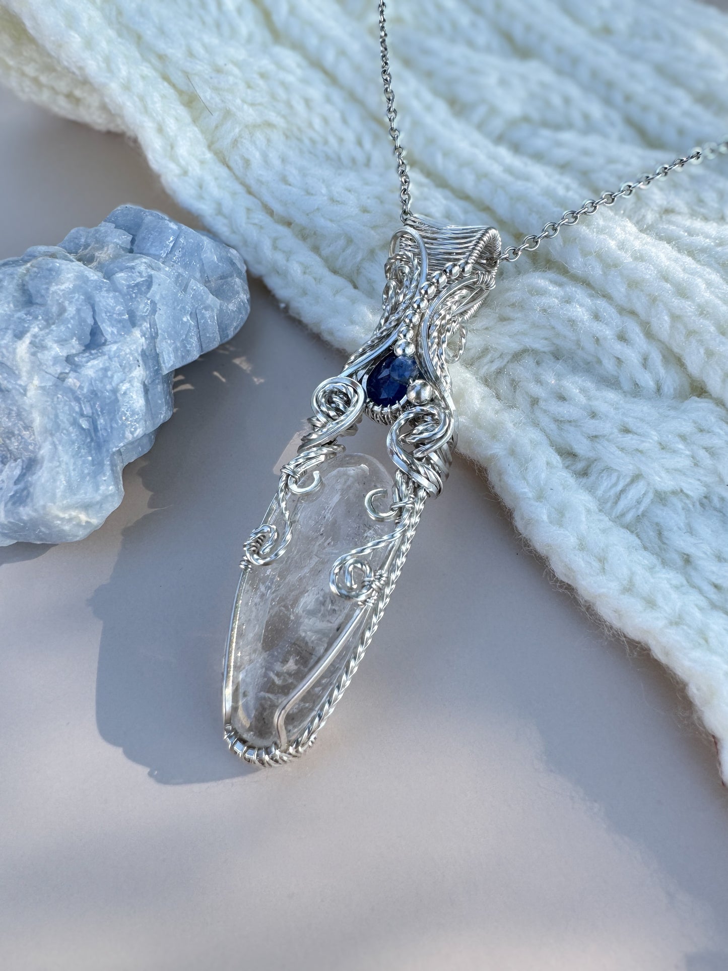 Clear Quartz, Blue Sapphire & Blue Kyanite Argentium Silver Necklace