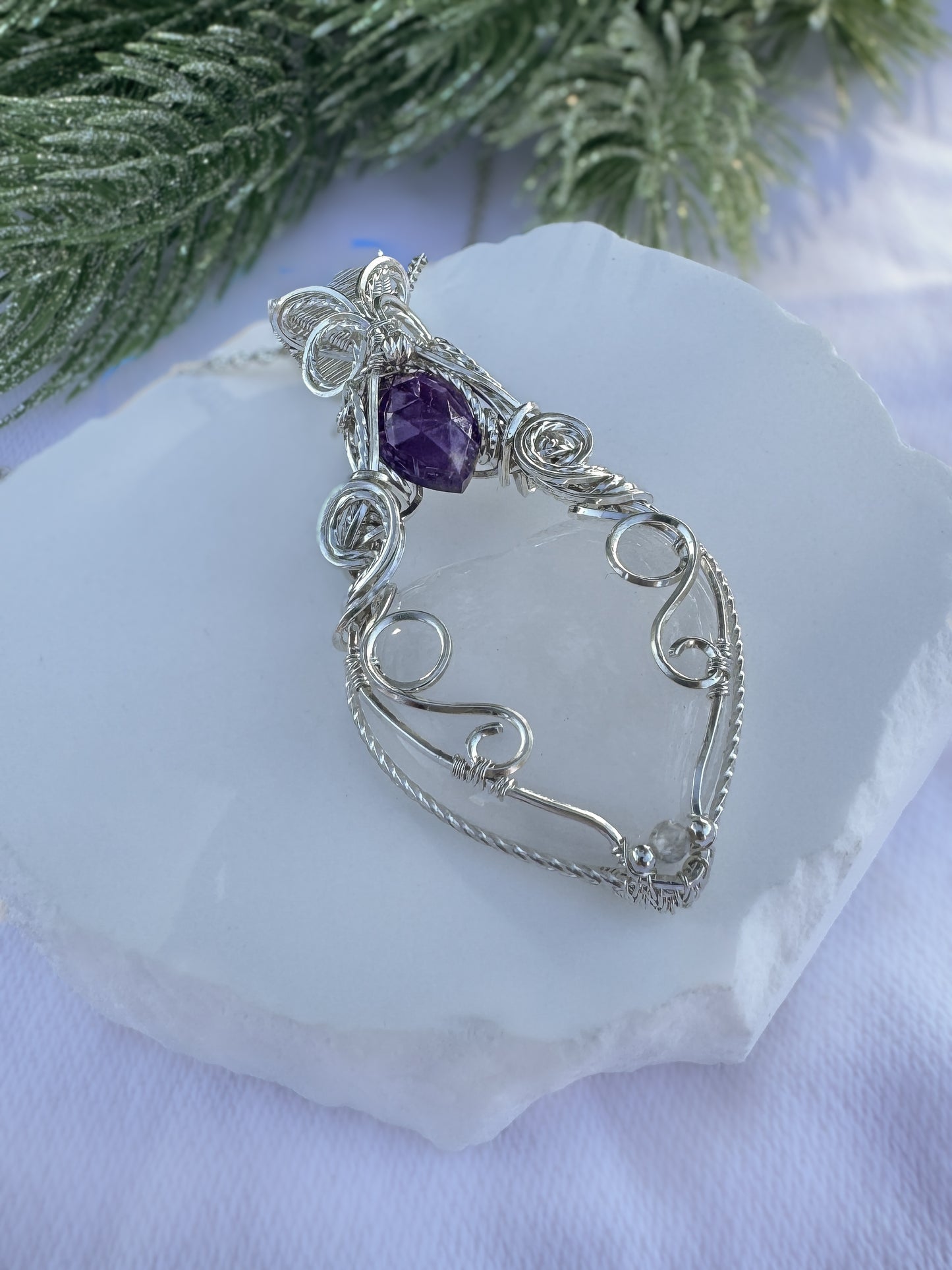 Clear Quartz Heart, Amethyst, Natural Zircon 0.925 Sterling Silver Necklace