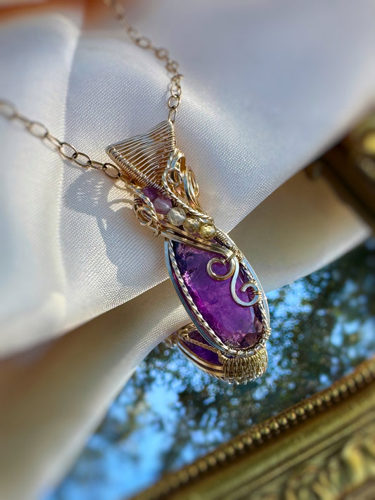 Faceted African Amethyst, Natural Zircon & Fluorite 14k Gold Filled Necklace