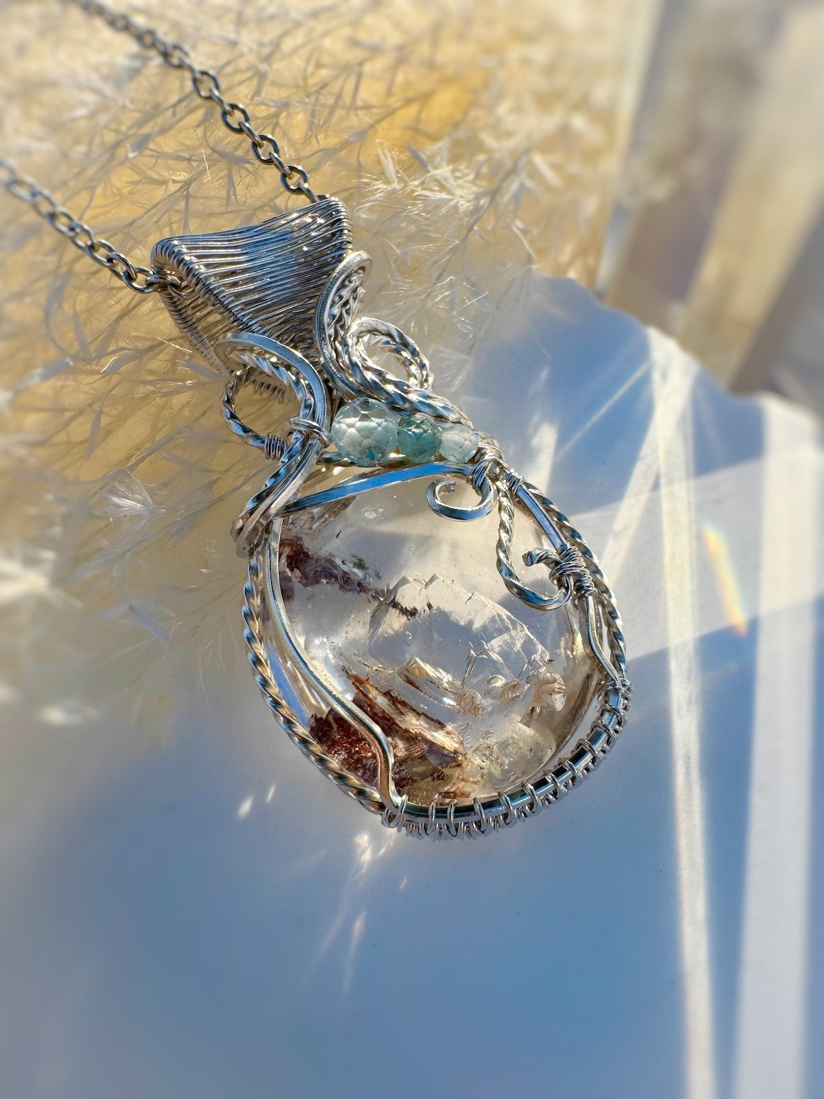 Rare Enhydro Quartz, Aquamarine, Aqua Kyanite Argentium Silver Necklace