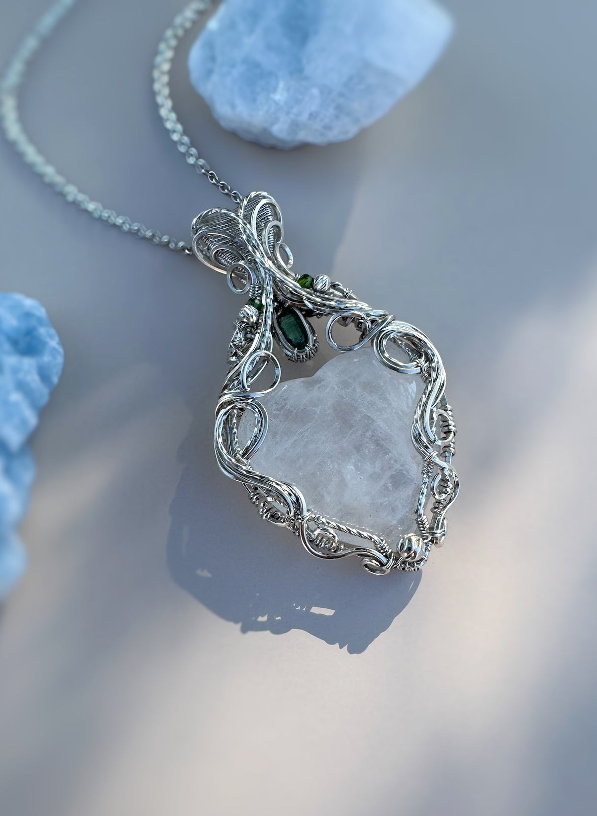 Clear Quartz Heart, Green Kyanite & Chrome Diopside 0.925 Sterling Silver Necklace