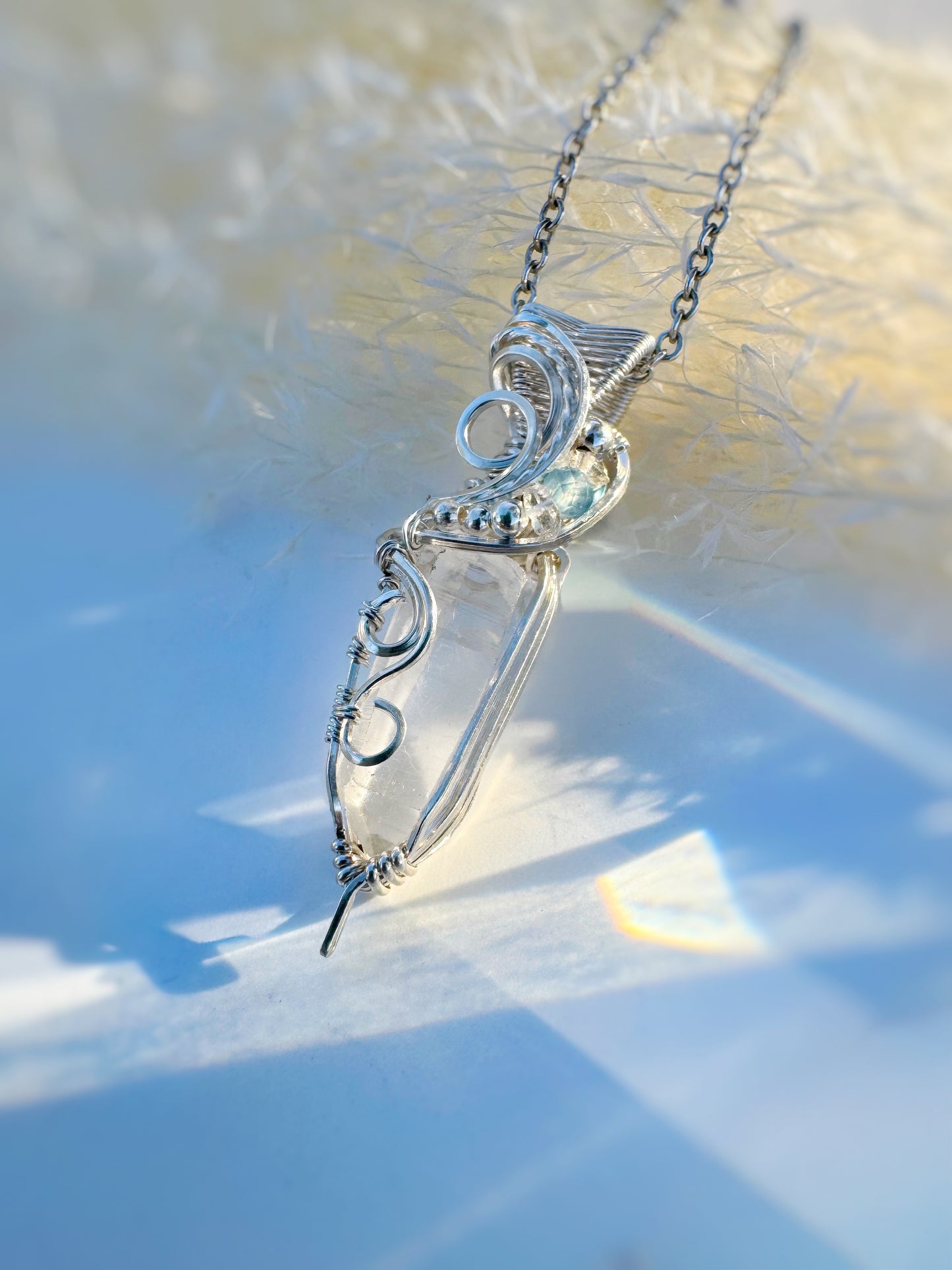 Lemurian Quartz, Herkimer Diamond & Aquamarine Argentium Silver Necklace