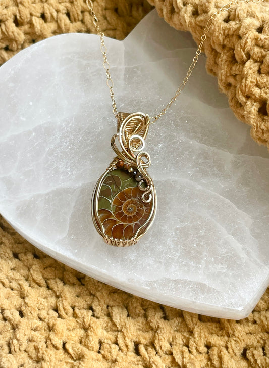 Ammonite Fossil, Tiger's Eye Pendant in 14K Gold Fill