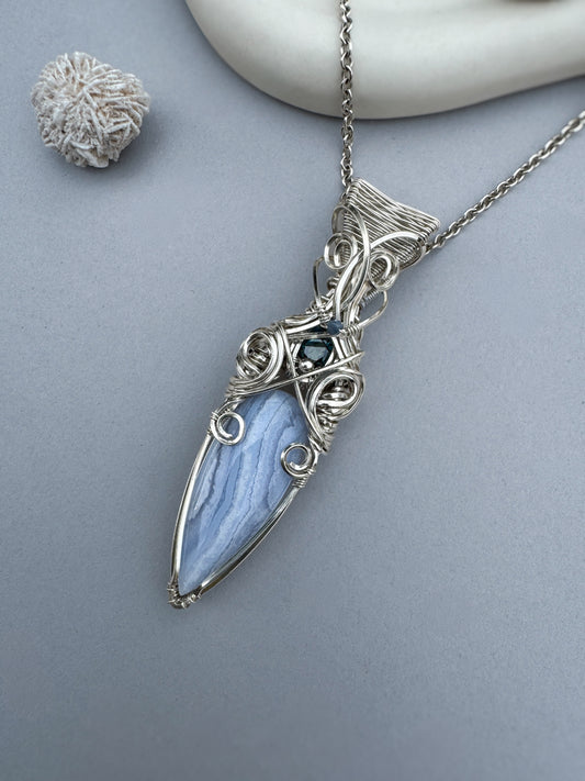 Blue Lace Agate, Teal Kyanite & Blue Kyanite 0.925 Sterling Silver Necklace