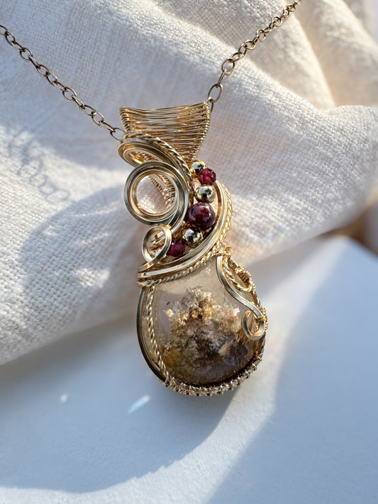 Calcite in Clear Quartz & Garnet 14k Gold Filled Necklace