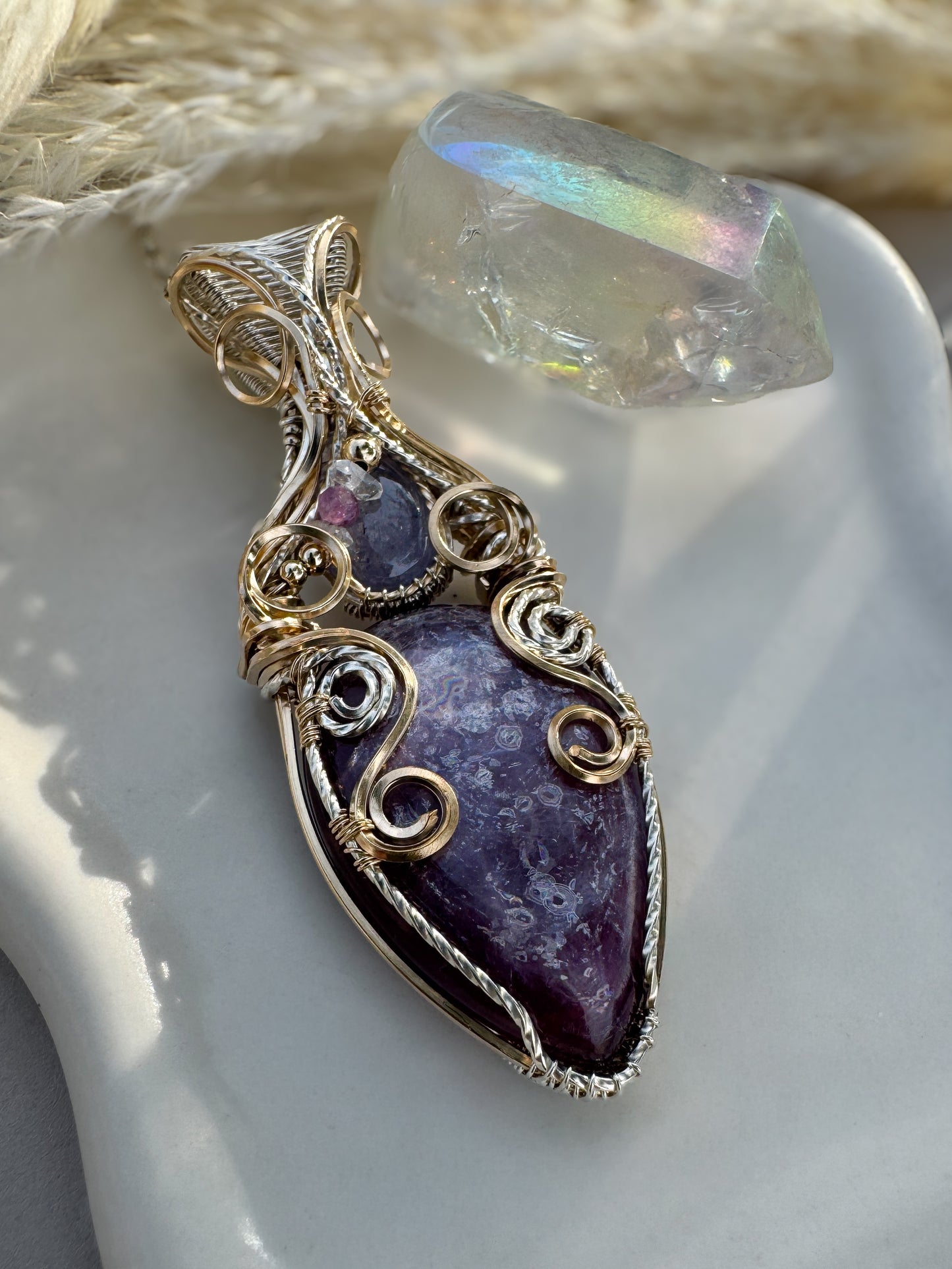 High Grade Lepidolite, Tanzanite, Purple Mica & Herkimer Diamond Mixed Metal (Argentium Silver & 14k Gold Filled) Statement Piece Necklace