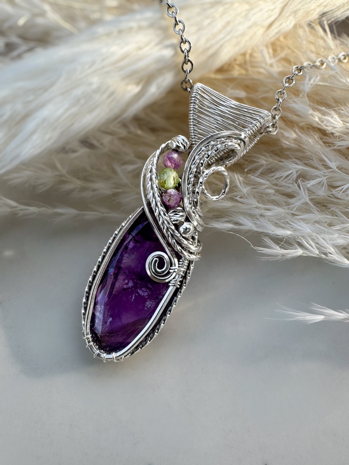 Faceted African Amethyst, Purple Mica & Peridot Necklace