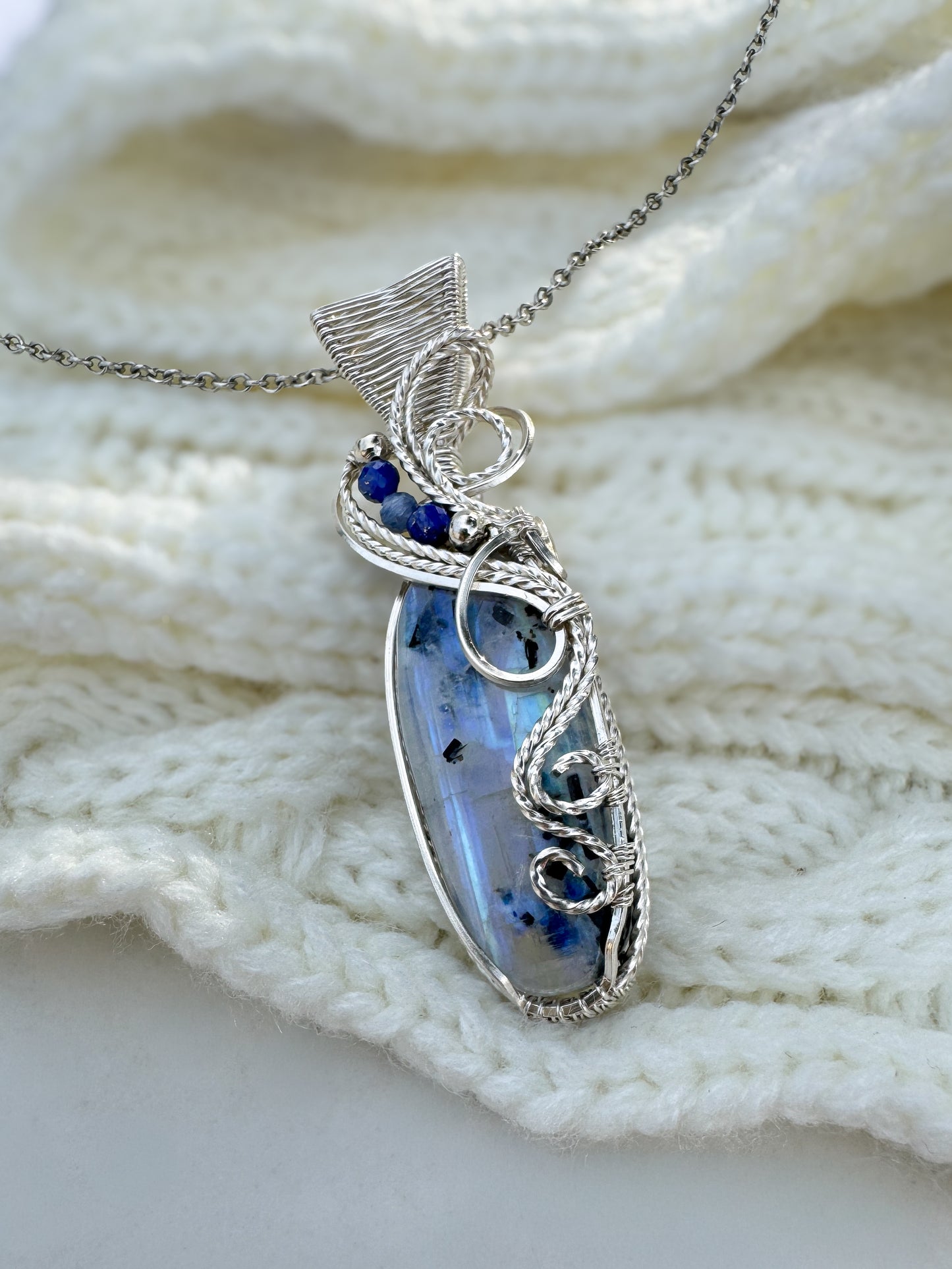 Rainbow Moonstone (with Black Tourmaline inclusions), Lapis Lazuli & Aqua Kyanite Argentium Silver Necklace