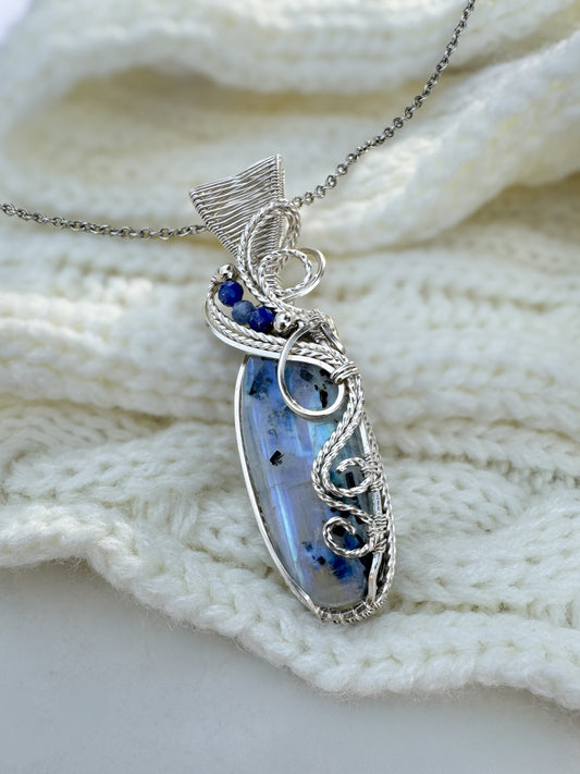 Rainbow Moonstone (with Black Tourmaline inclusions), Lapis Lazuli & Aqua Kyanite Argentium Silver Necklace