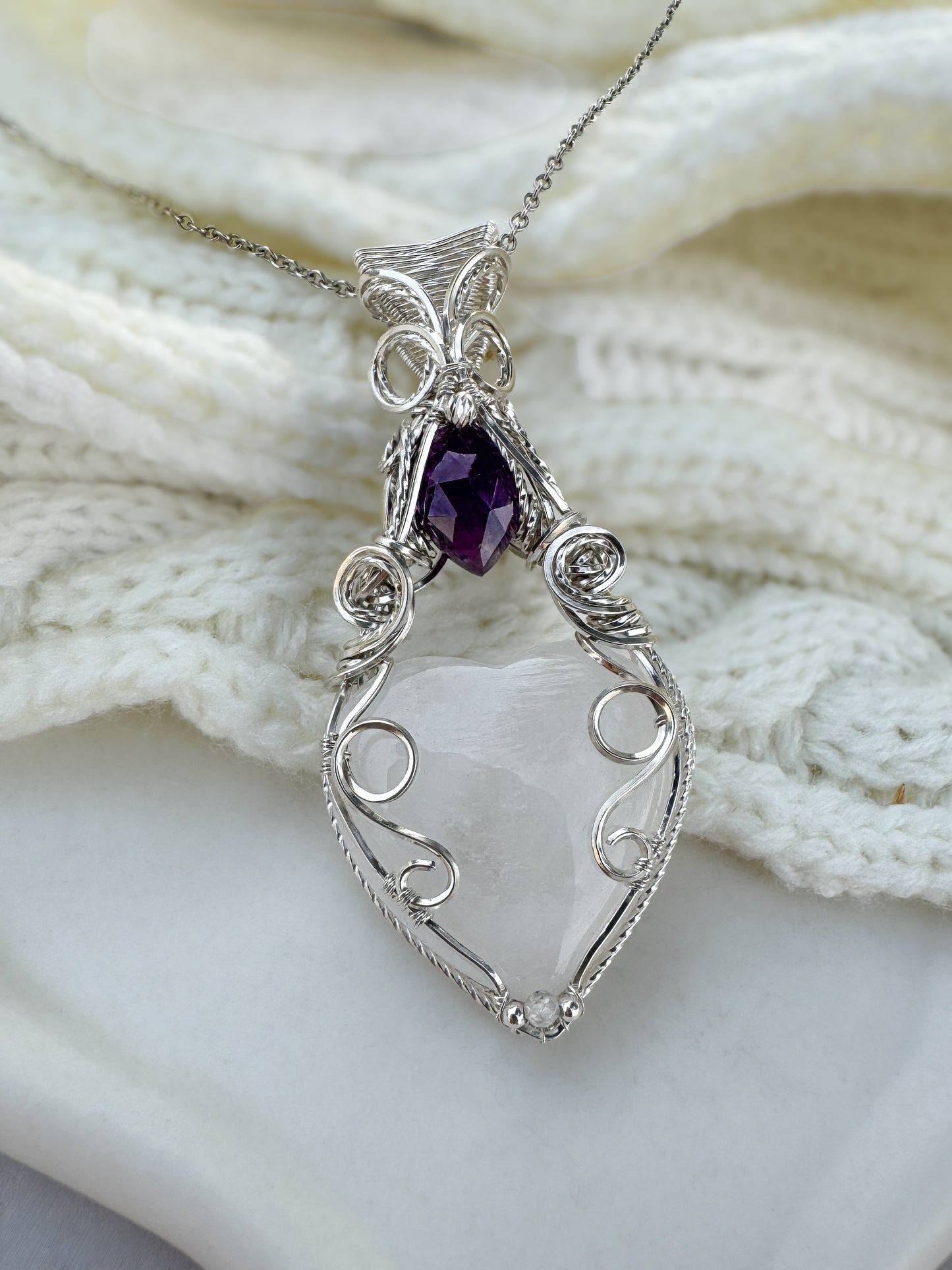 Clear Quartz Heart, Amethyst, Natural Zircon 0.925 Sterling Silver Necklace