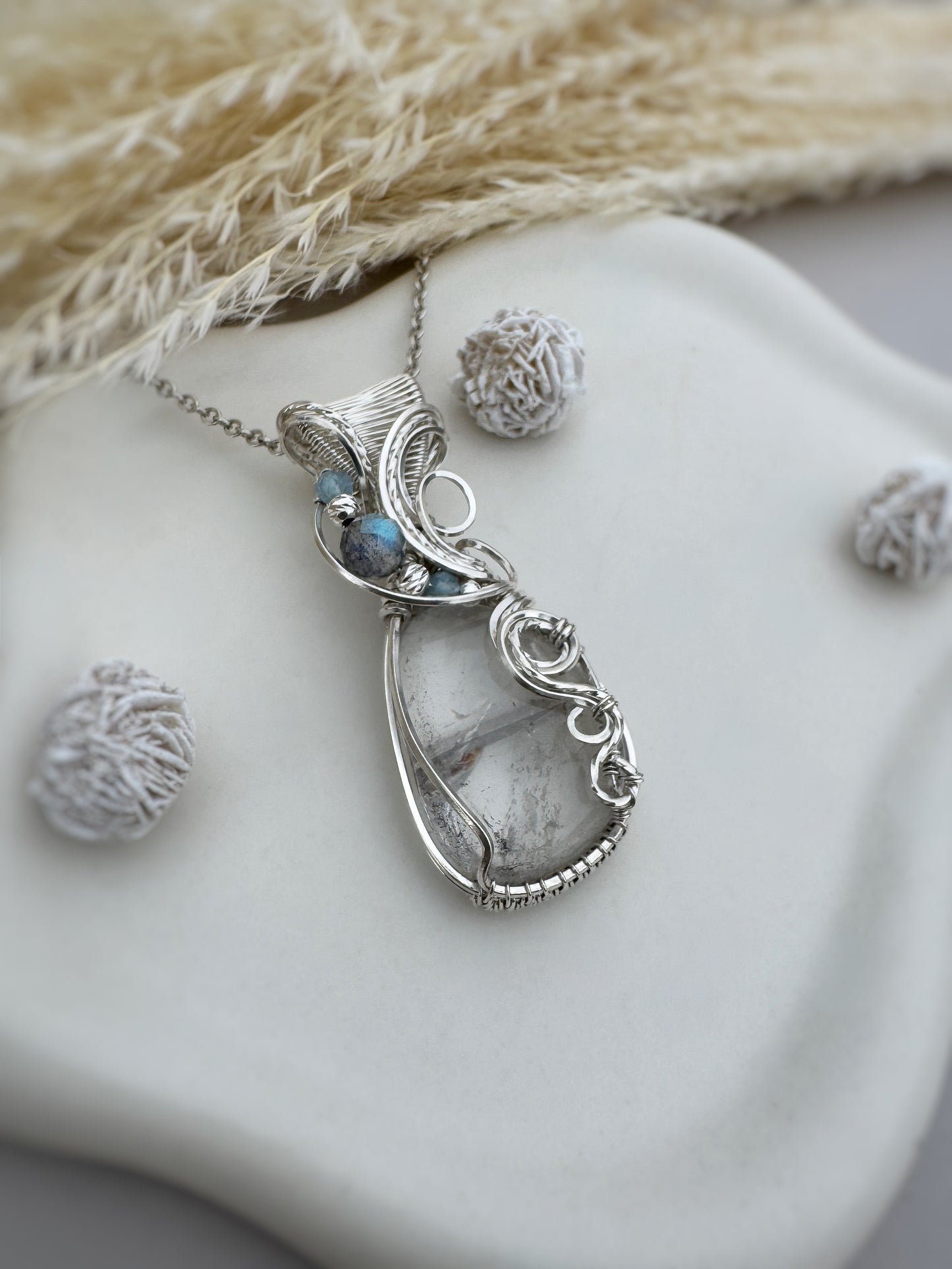 Clear Quartz, Labradorite & Aquamarine 0.925 Sterling Silver Necklace