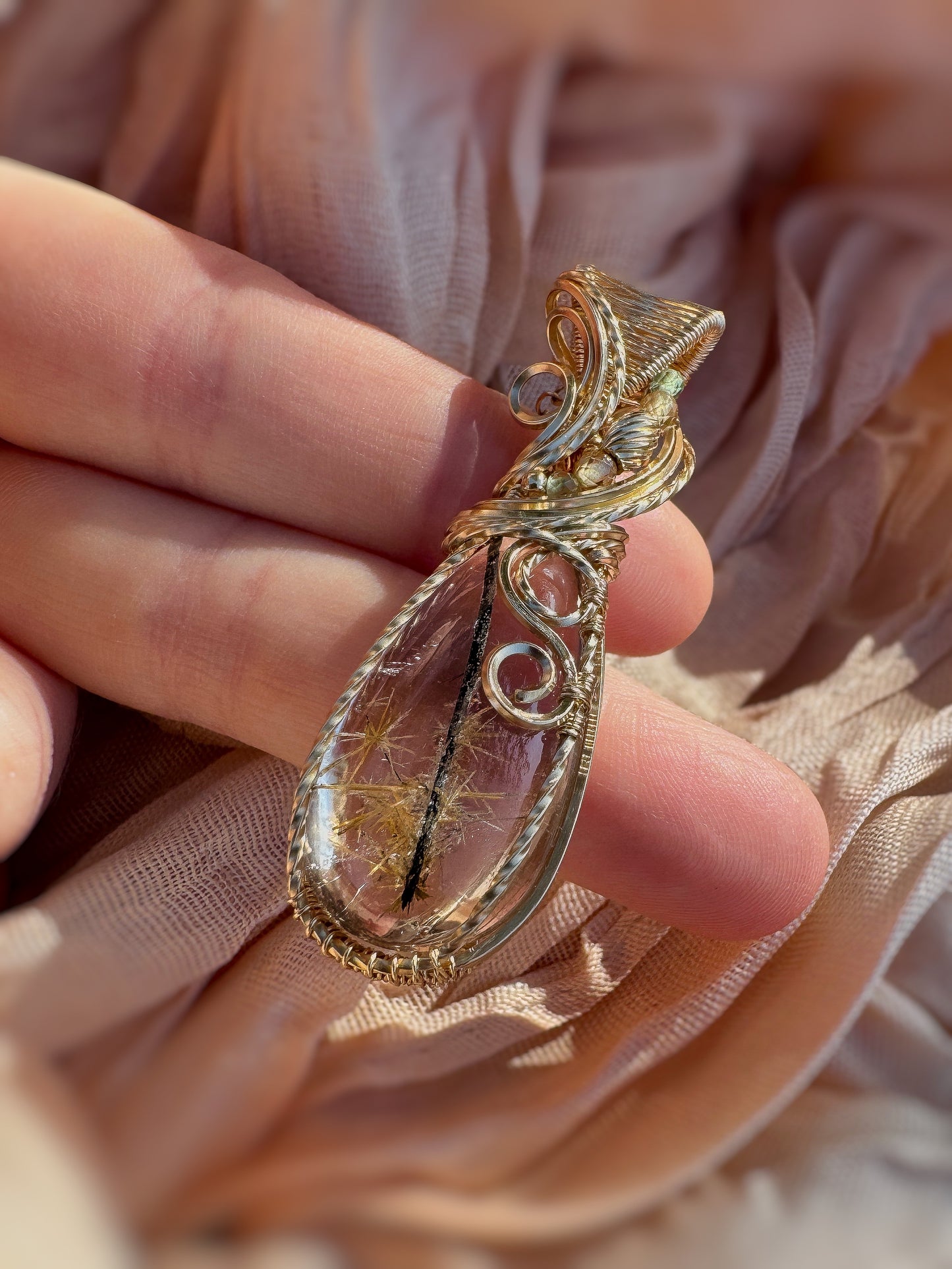 Rare Rutilated Quartz, Natural Zircon & Green Apatite 14k Gold Filled Necklace