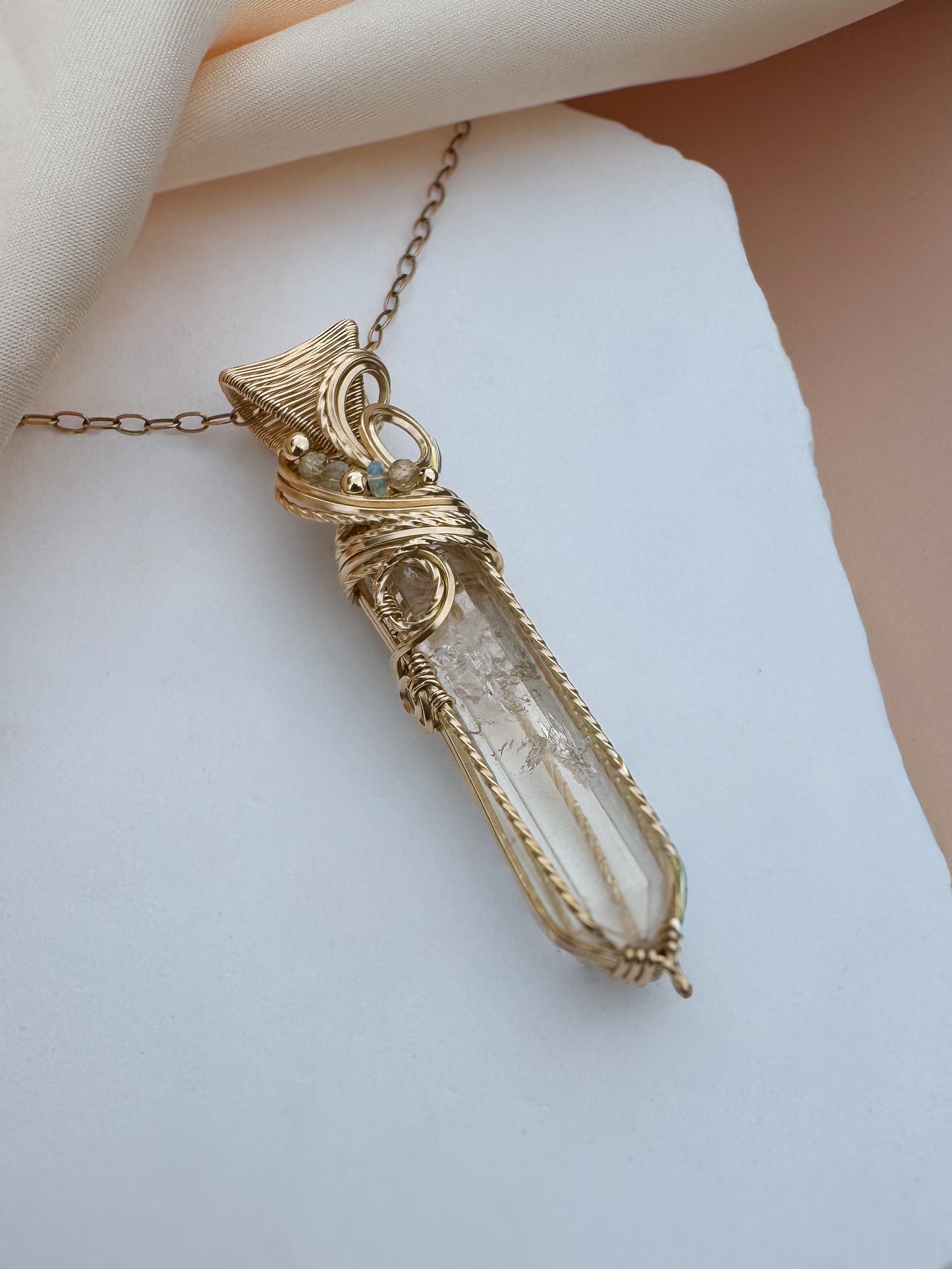 Clear Quartz Point, Natural Zircon & Ethiopian Opal 14k Gold Filled Necklace