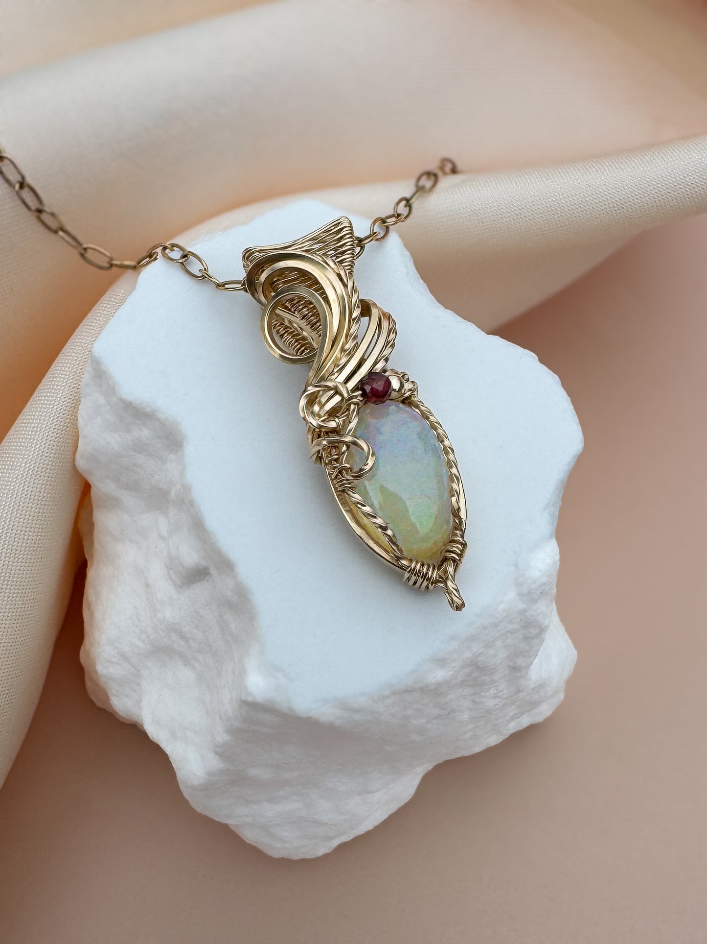 Dainty Ethiopian Opal & Garnet 14k Gold Filled Necklace