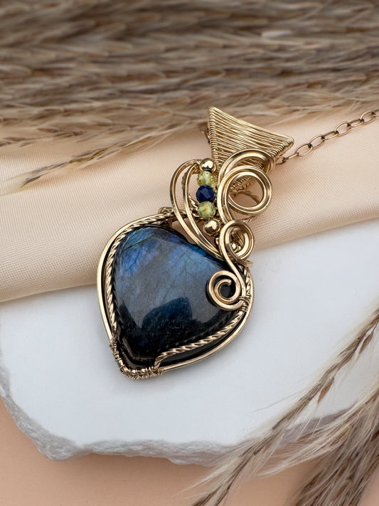 Blue Labradorite Heart, Natural Zircon & Lapis Lazuli 14k Gold Filled Necklace