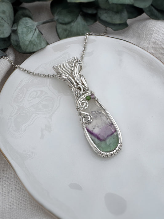 Fluorite & Chrome Diopside 0.925 Sterling Silver Necklace