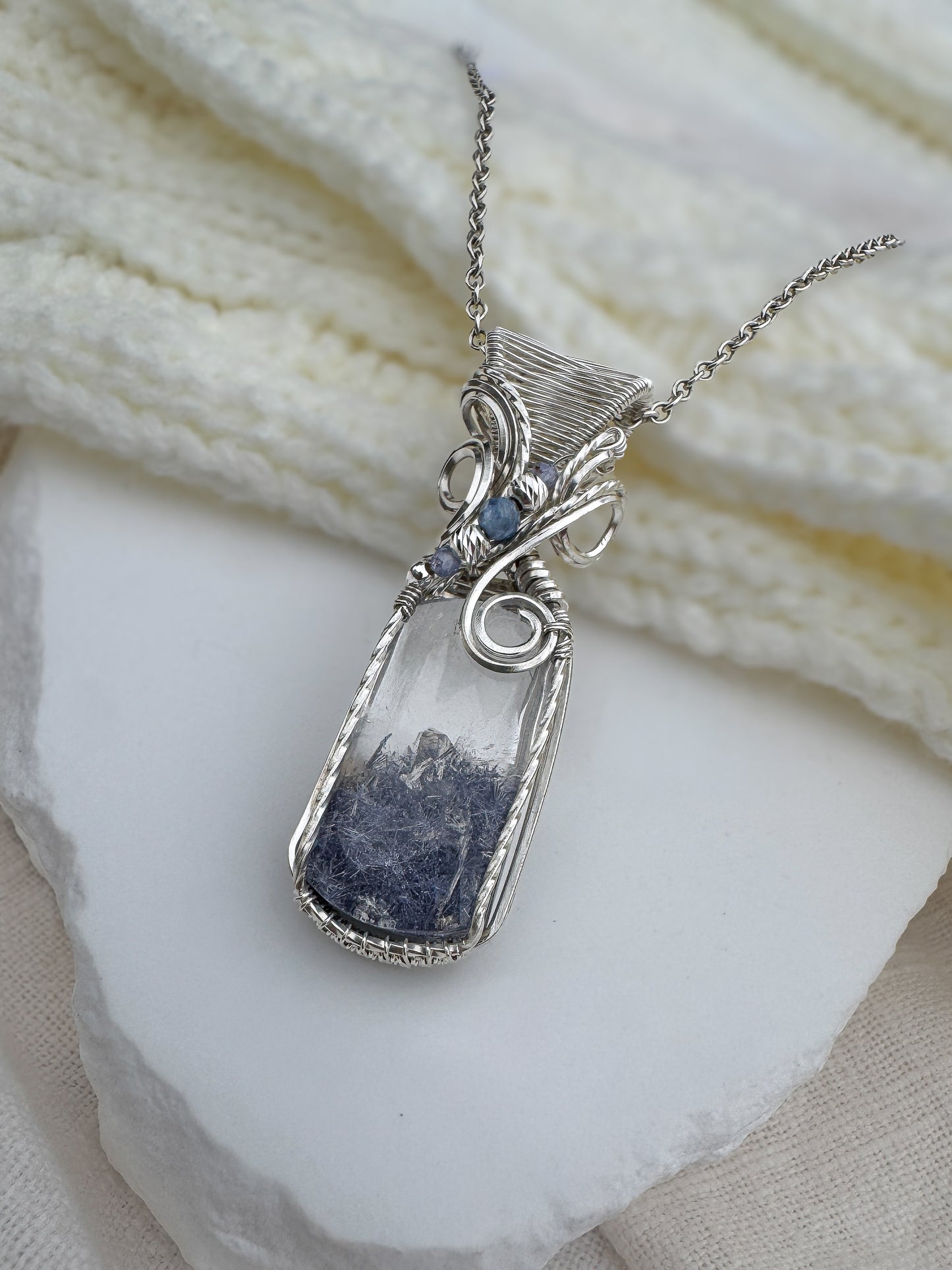 Rare Dumortierite in Clear Quartz, Tanzanite & Blue Kyanite Necklace