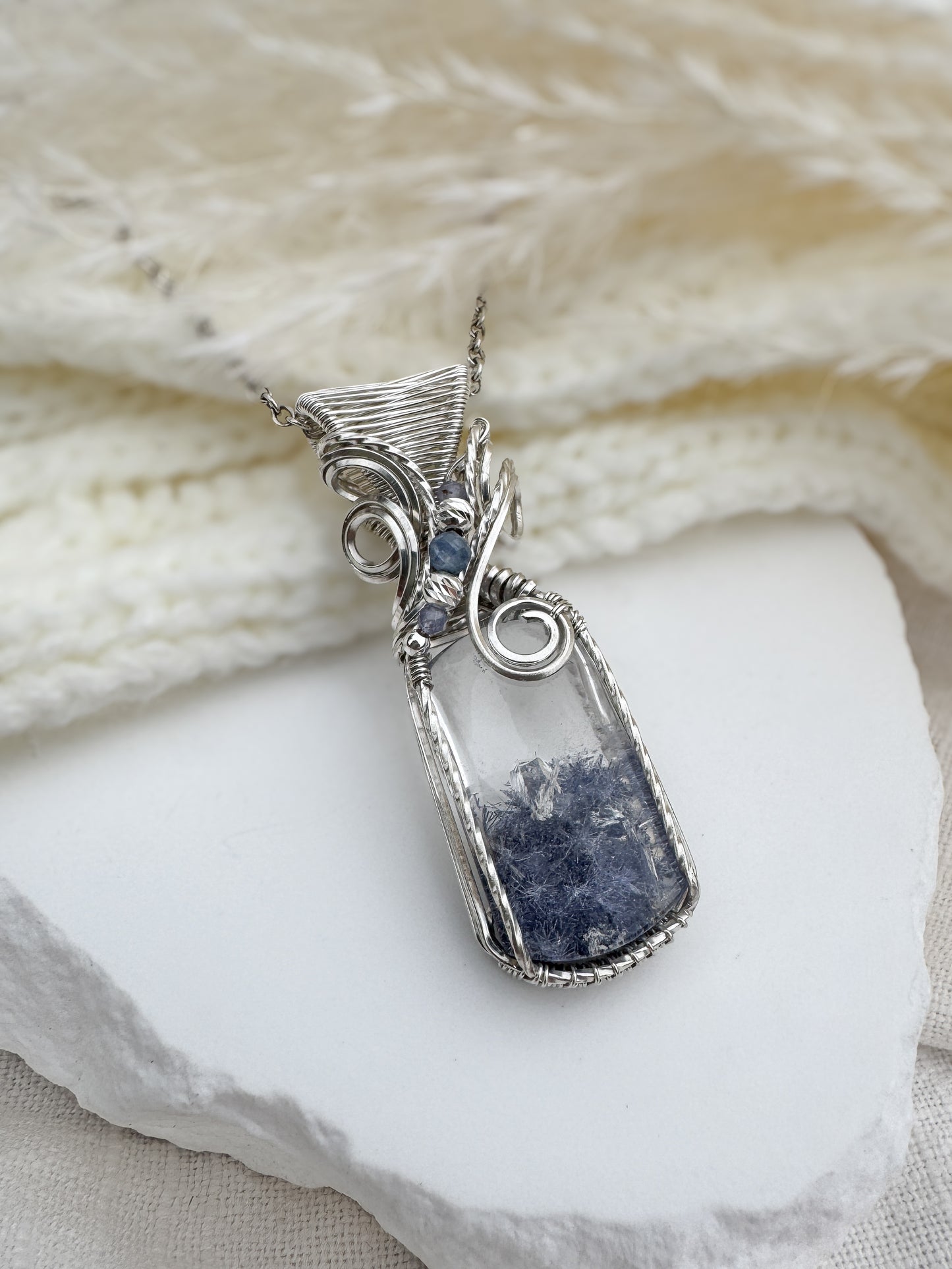 Rare Dumortierite in Clear Quartz, Tanzanite & Blue Kyanite Necklace