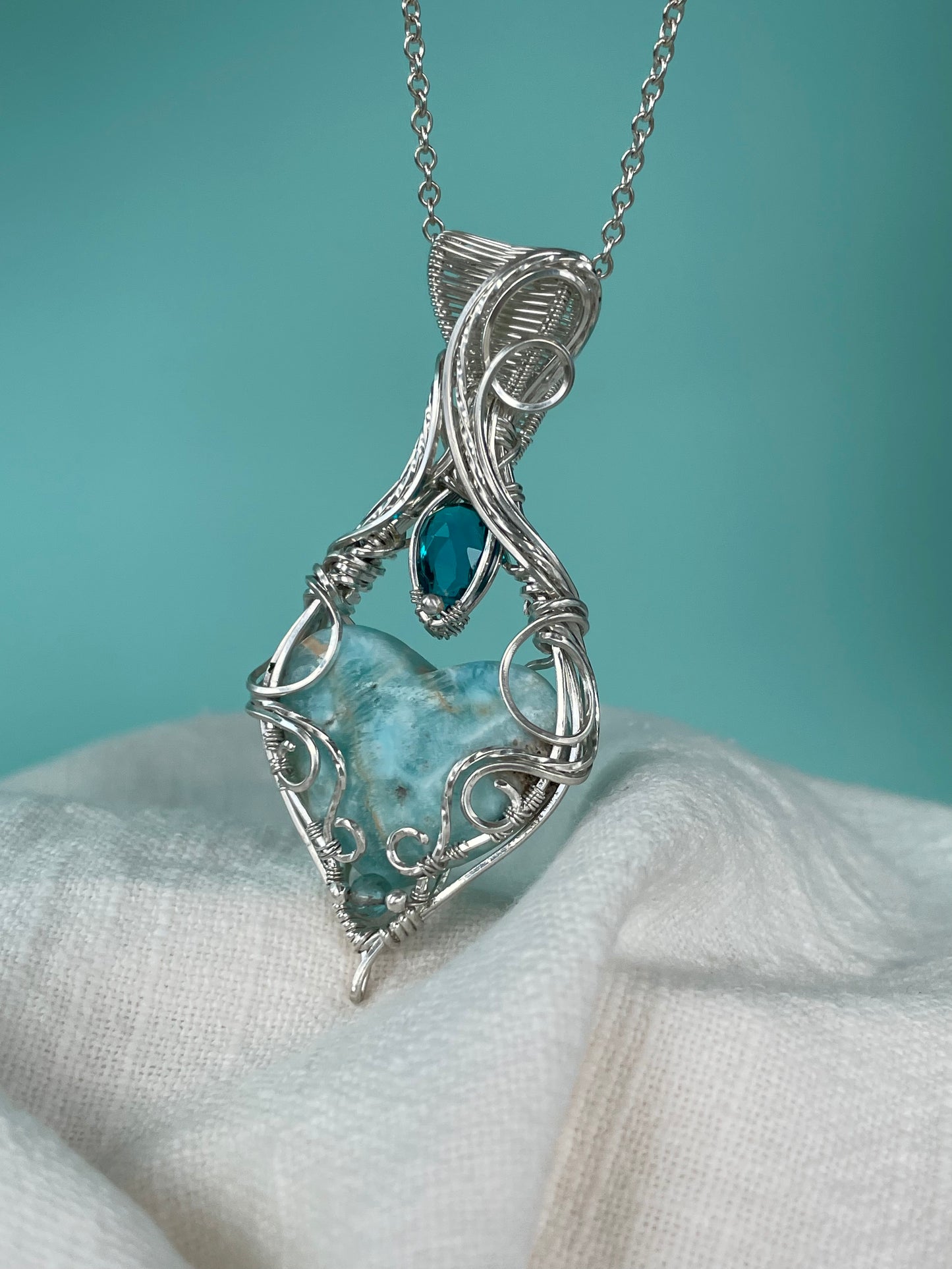 Blue Aragonite Heart, Dyed Blue Quartz & Aqua Apatite Necklace in 0.925 Sterling Silver