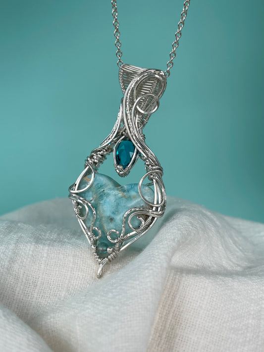 Blue Aragonite Heart, Dyed Blue Quartz & Aqua Apatite Necklace in 0.925 Sterling Silver