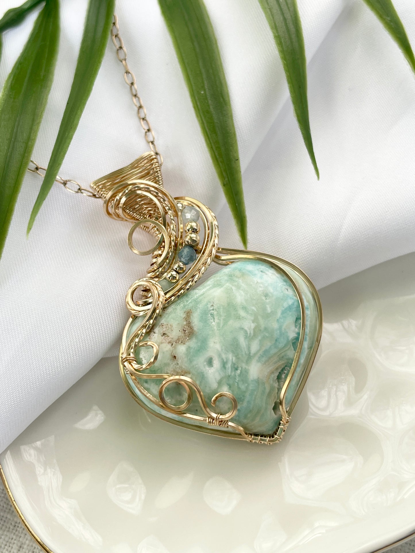 Blue Aragonite, Aquamarine & Chrysoprase Necklace in 14k Gold Filled