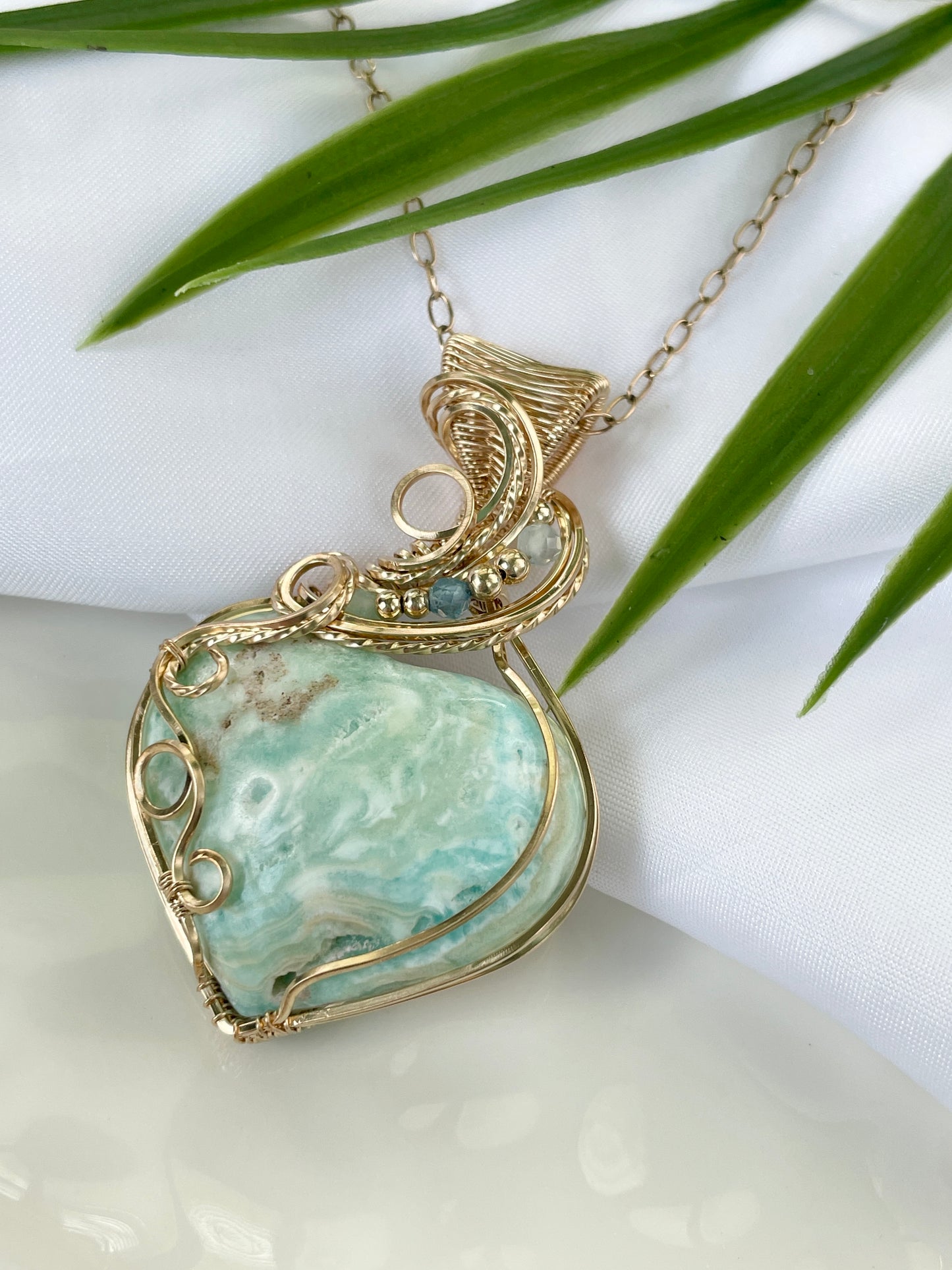 Blue Aragonite, Aquamarine & Chrysoprase Necklace in 14k Gold Filled