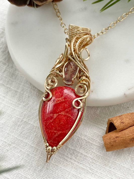 Red Coral, Lepidocrocite (Super Seven) Necklace in 14k gold fill
