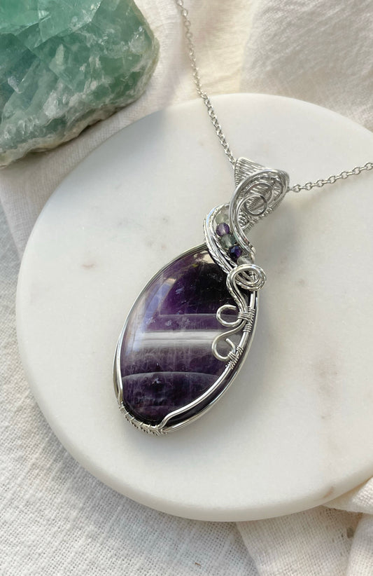 Chevron Amethyst, Fluorite Necklace in 0.925 Sterling Silver