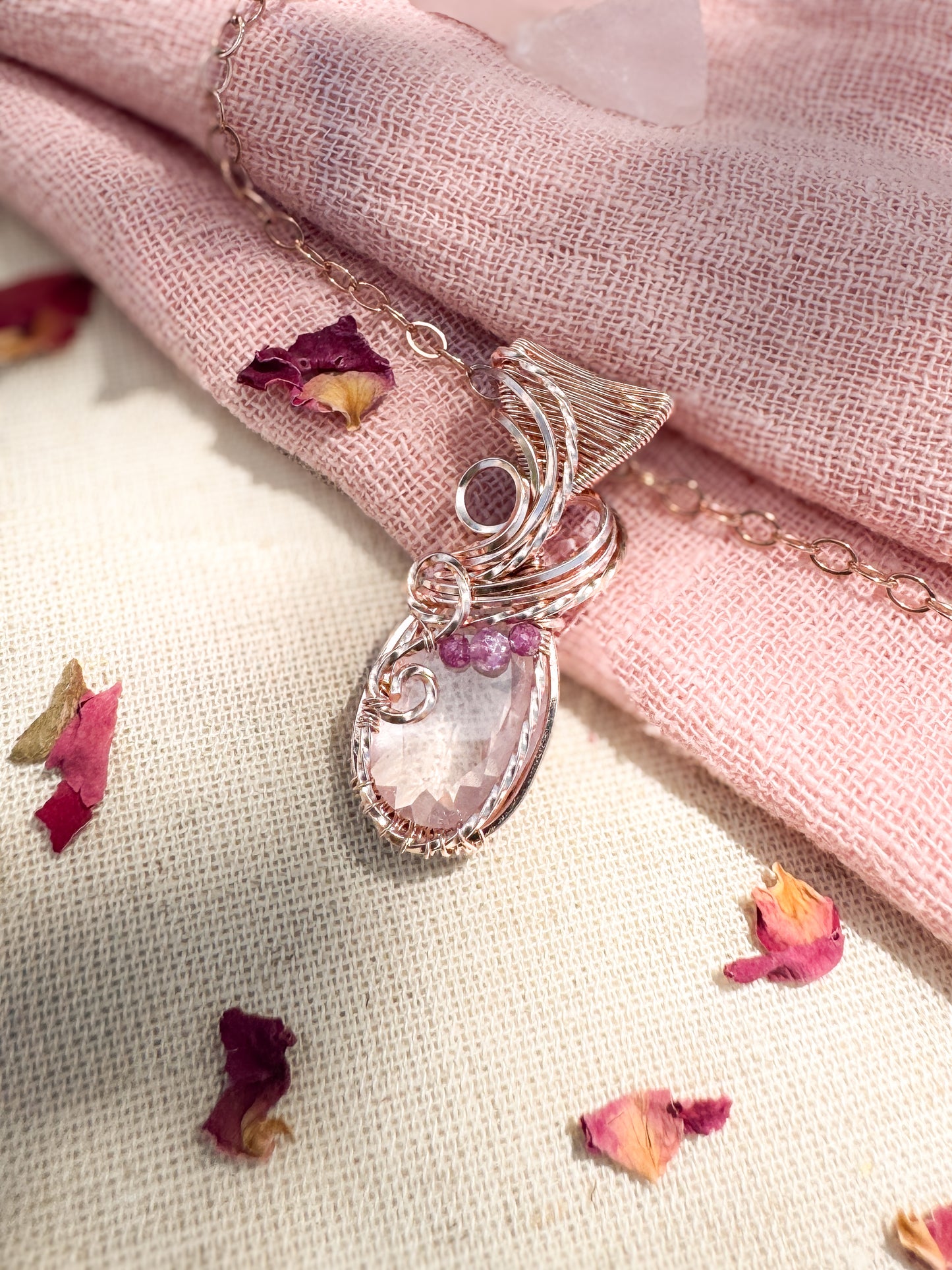 Faceted Rose Quartz, Natural Ruby & Purple Mica Necklace