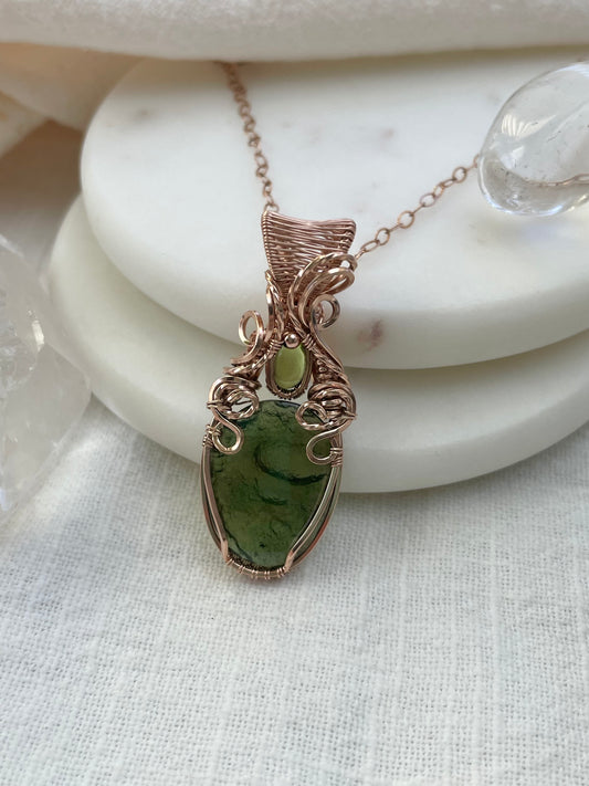Rare Moldavite (from the Czech Republic), Peridot Necklace in 14k Rose Gold Filled