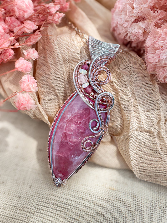 Rare Cobaltoan Calcite, Pink Tourmaline, Ethiopian Opal & Morganite Necklace