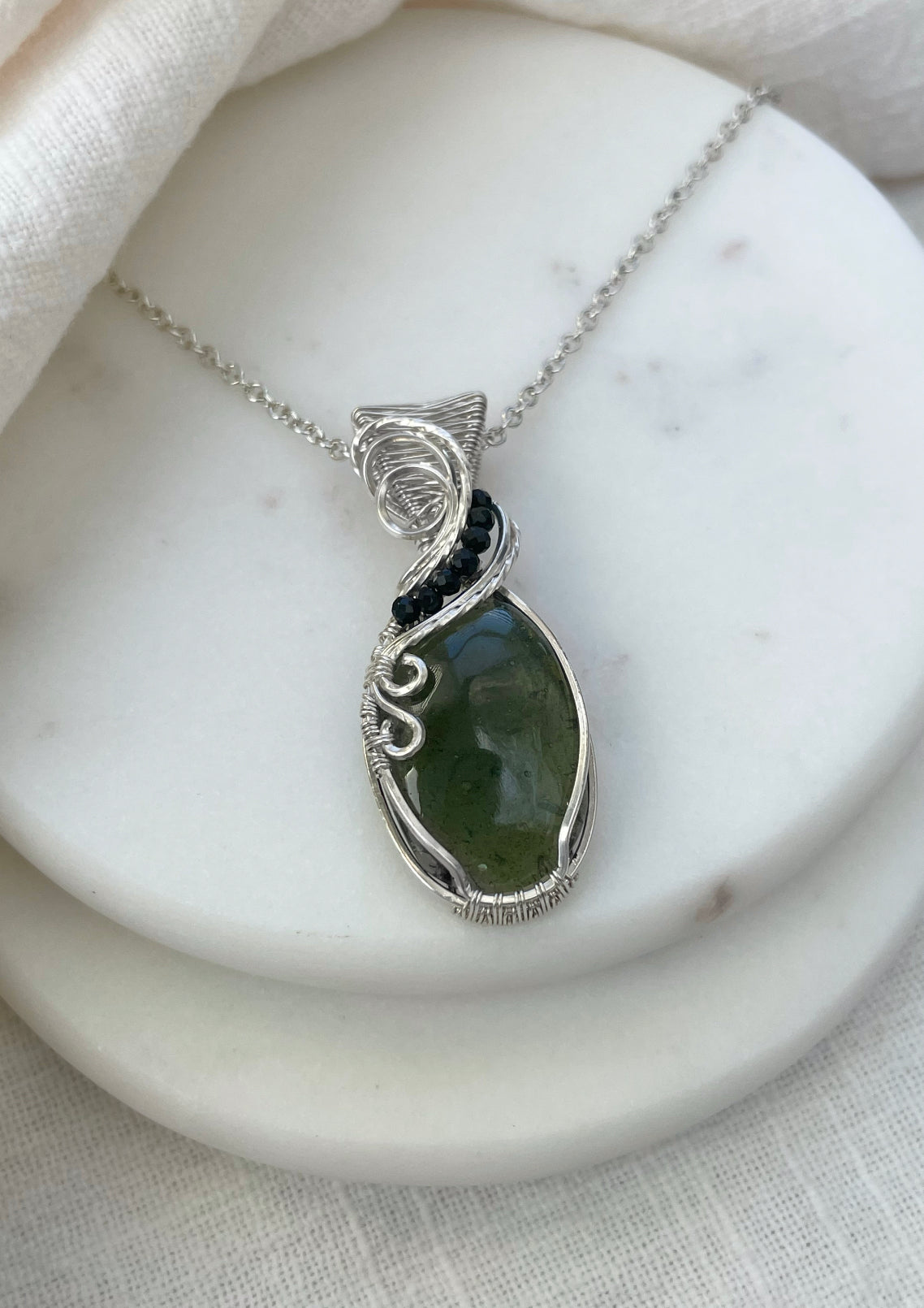 Rare Moldavite (from the Czech Republic), Black Onyx Necklace in 0.925 Sterling Silver