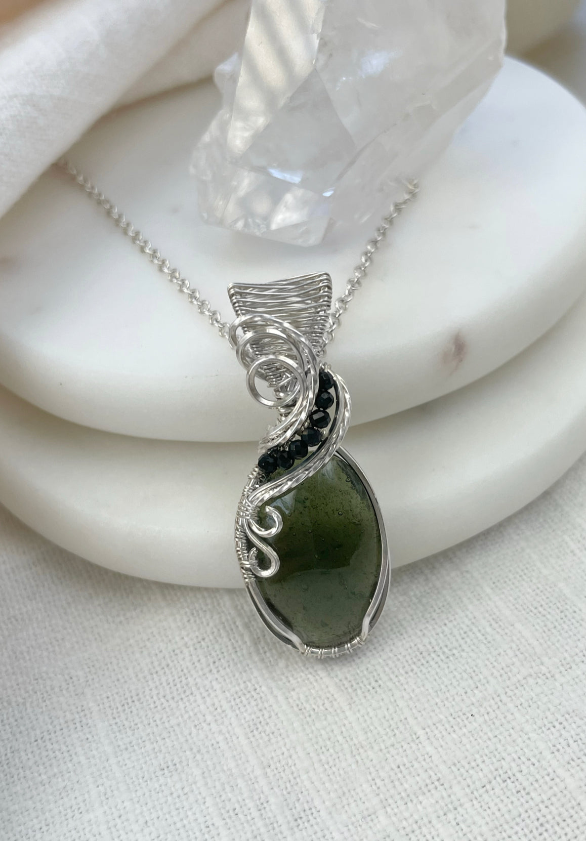 Rare Moldavite (from the Czech Republic), Black Onyx Necklace in 0.925 Sterling Silver